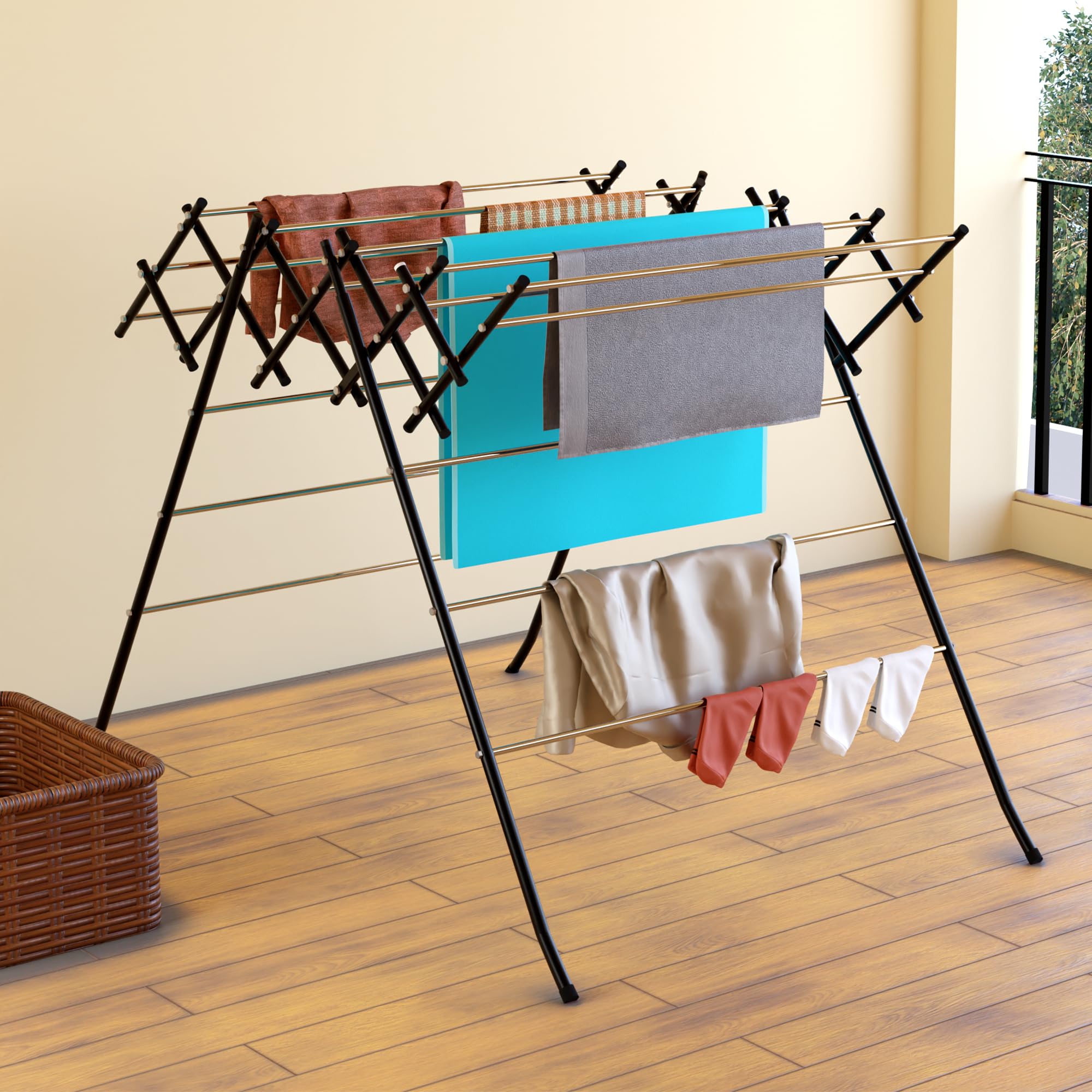 Kuber Industries Stainless Steel Foldable Cloth Drying Stand For Balcony | Zig Zag Clothes Stand For Drying/Cloth Dryer Stand | 