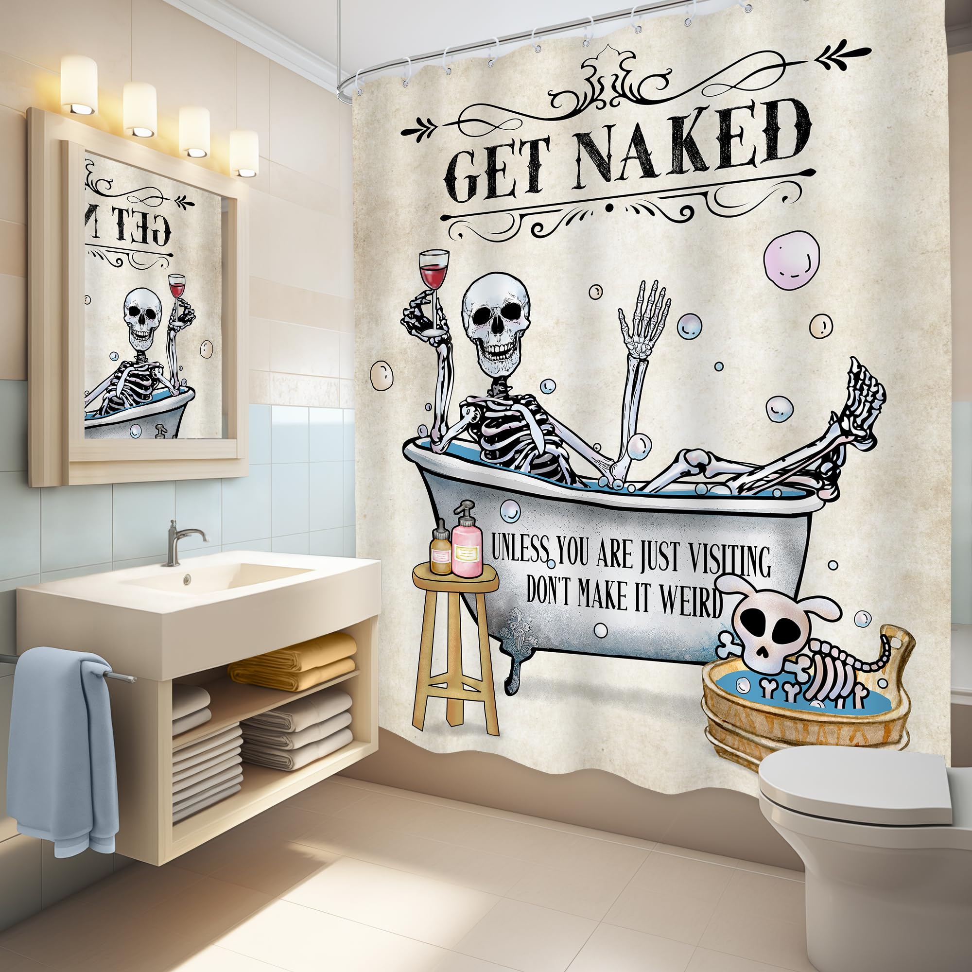 Lghtyro Funny Skull Skeleton Shower Curtain Bathroom Set 60Wx71H Inches Gothic Spooky Halloween Hilarious Bathing In Bathtub Bub