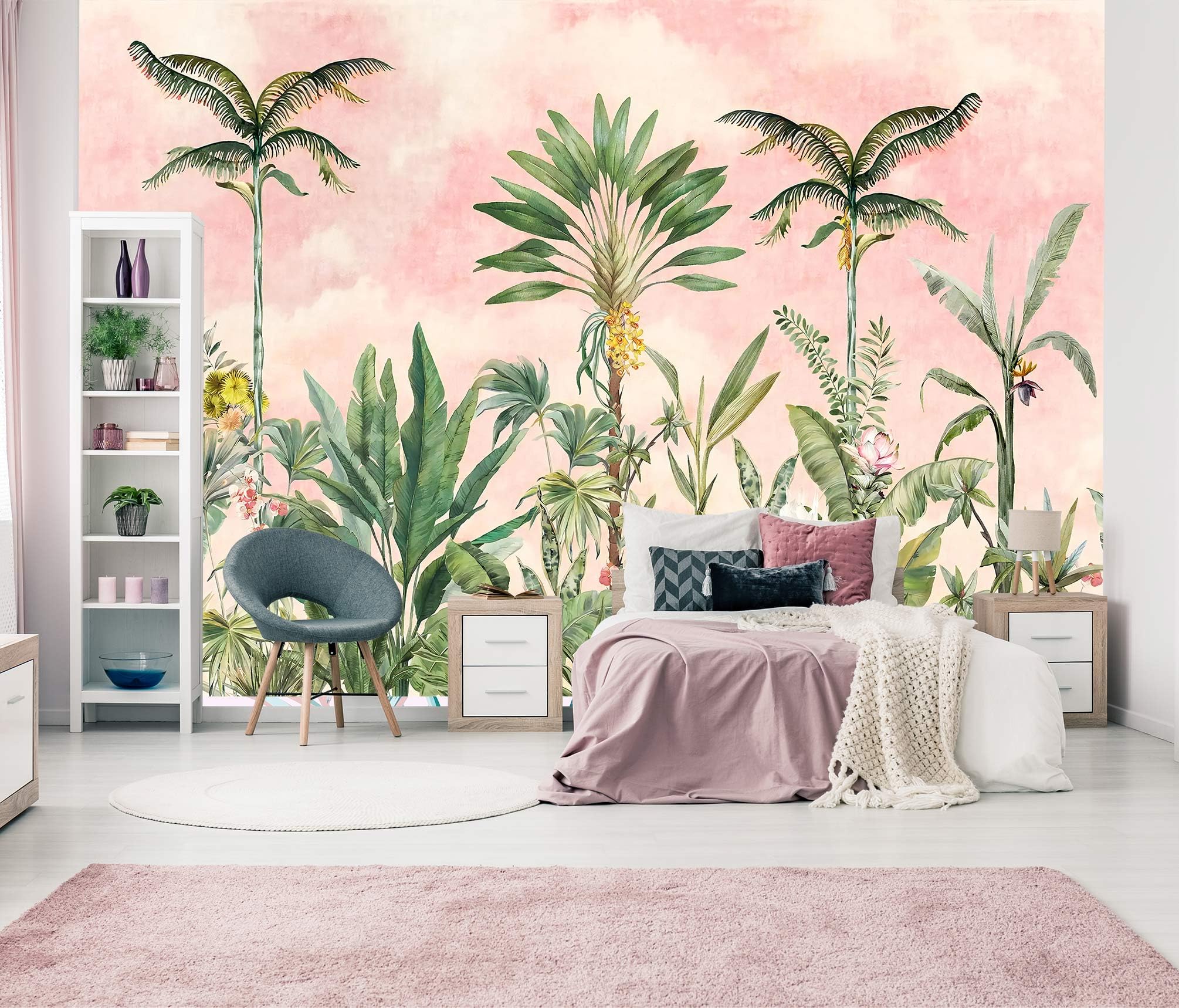 WFBHUA - Watercolor Pink Tropical Botanical Leaf Wallpaper Mural for Nursery Girls Bedroom (Not Peel and Stick)