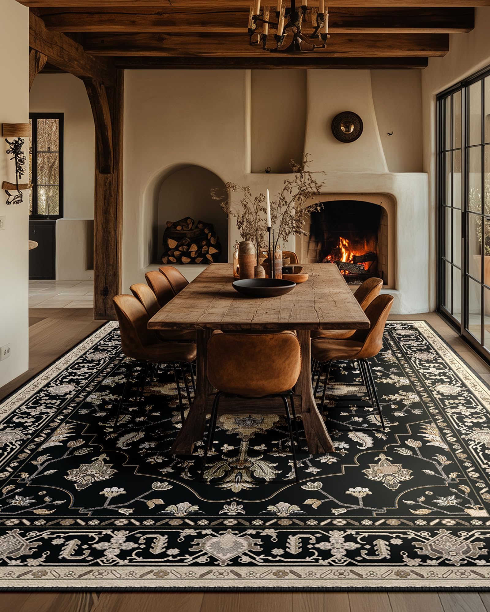 RELEANY Area Rugs 10x14 Washable Non-Slip, Floral Vintage Distress Print Pattern Medallion Carpet for Living Room Bedroom Dini