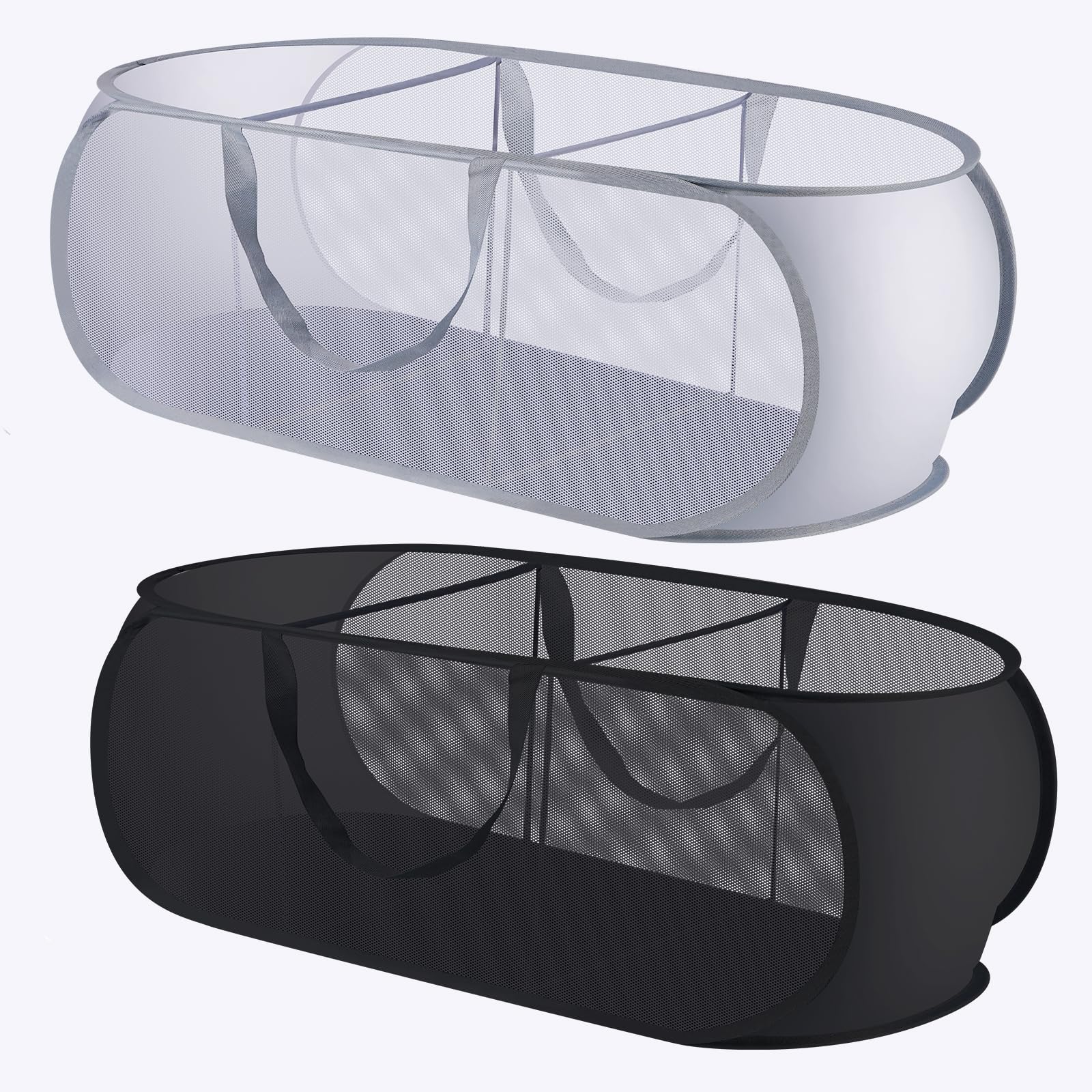 2 Pack Pop Up Hampers For Laundry, 3 Compartments Mesh Folding Laundry Basket Collapsible, Mesh Laundry Hamper For Laundry Room,