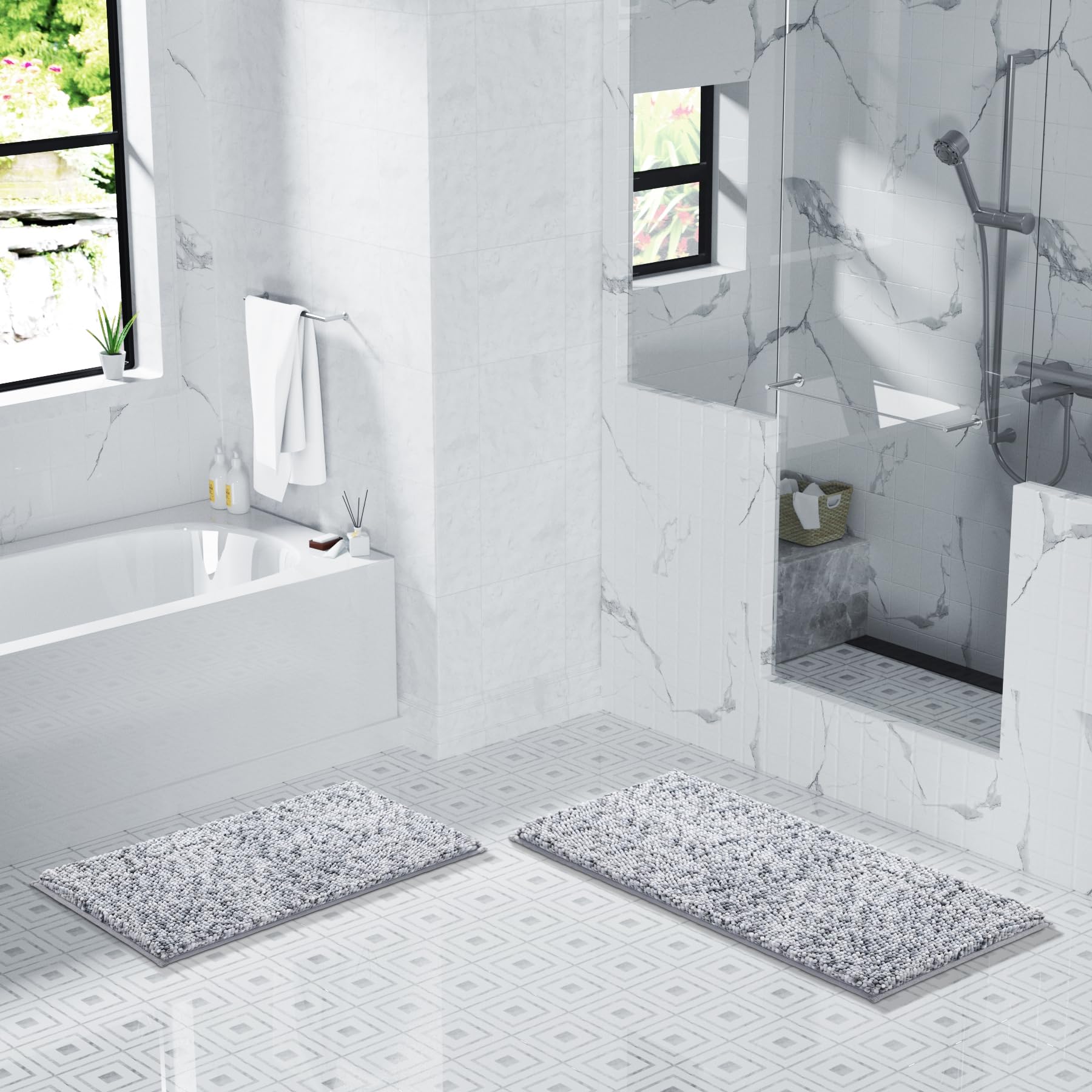 Yimobra Non-Slip Chenille Bath Mat, 36x24, Extra Soft, Water Absorbent, Light Gray & Dark Gray