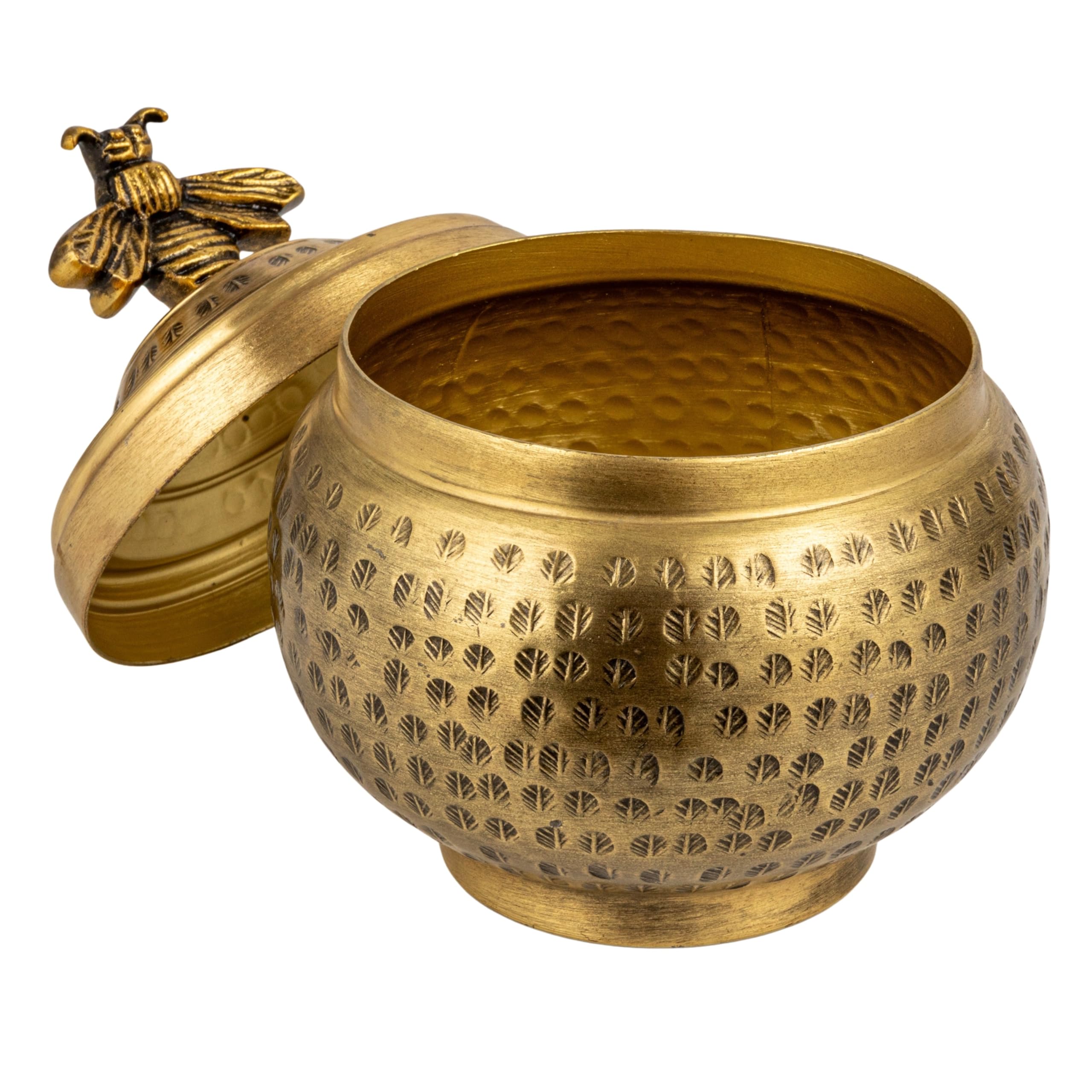 Creative Co-Op Round Hammered Metal Container with Bee Finial, Brass Finish