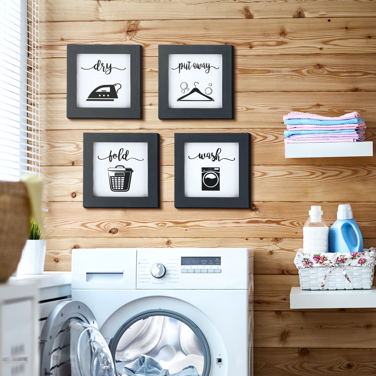 Laundry Sign Set of 4 Rustic Handmade Wood Wash Dry Fold Put Away Laundry Signs Wall Decor Wall Hanging Art Decor Wood Signs for