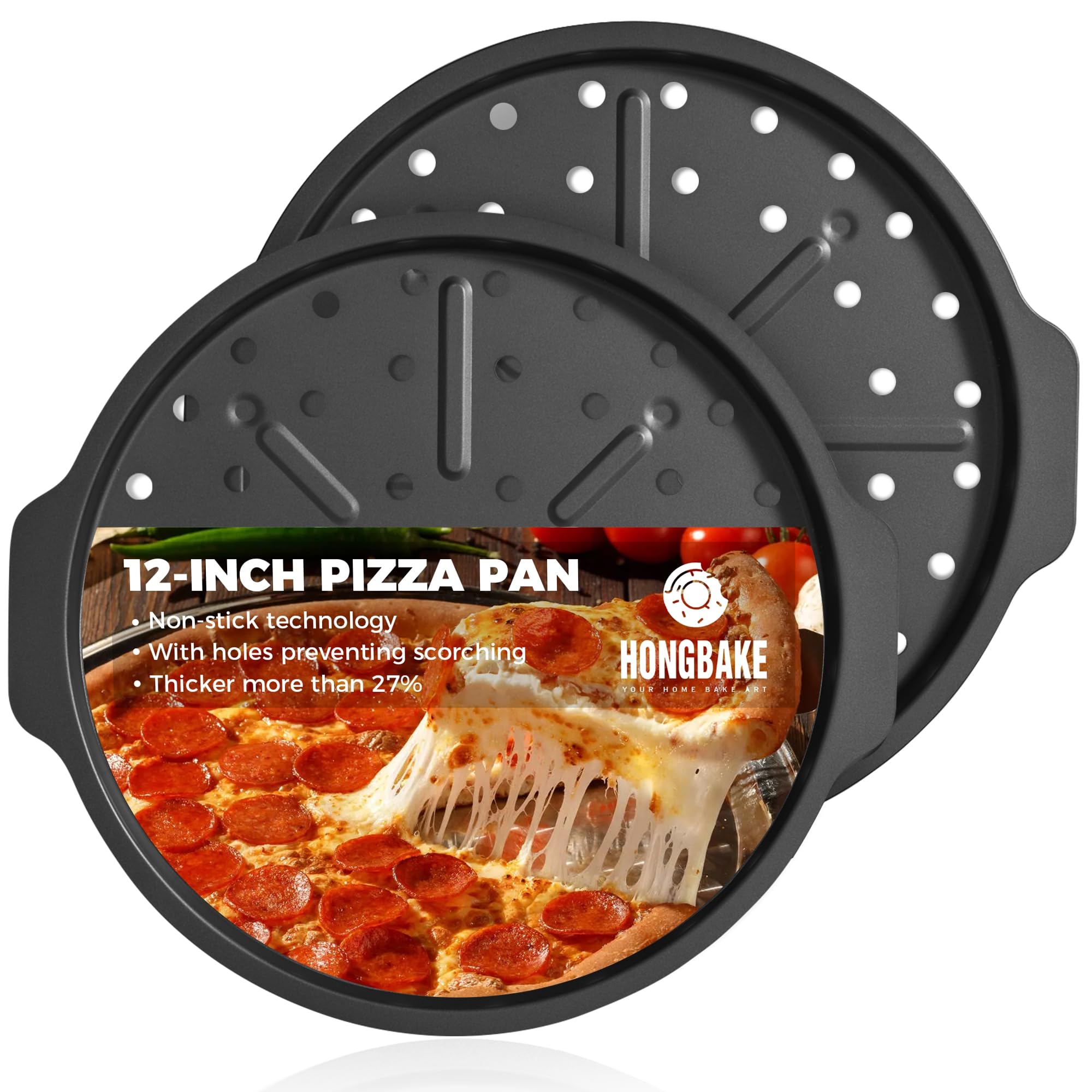 Hongbake 2 Pack Pizza Pan With Holes 12 Inch, Nonstick Pizza Tray For Oven With Widen Handles, Hot Air Pizza Crisper Tin, Round