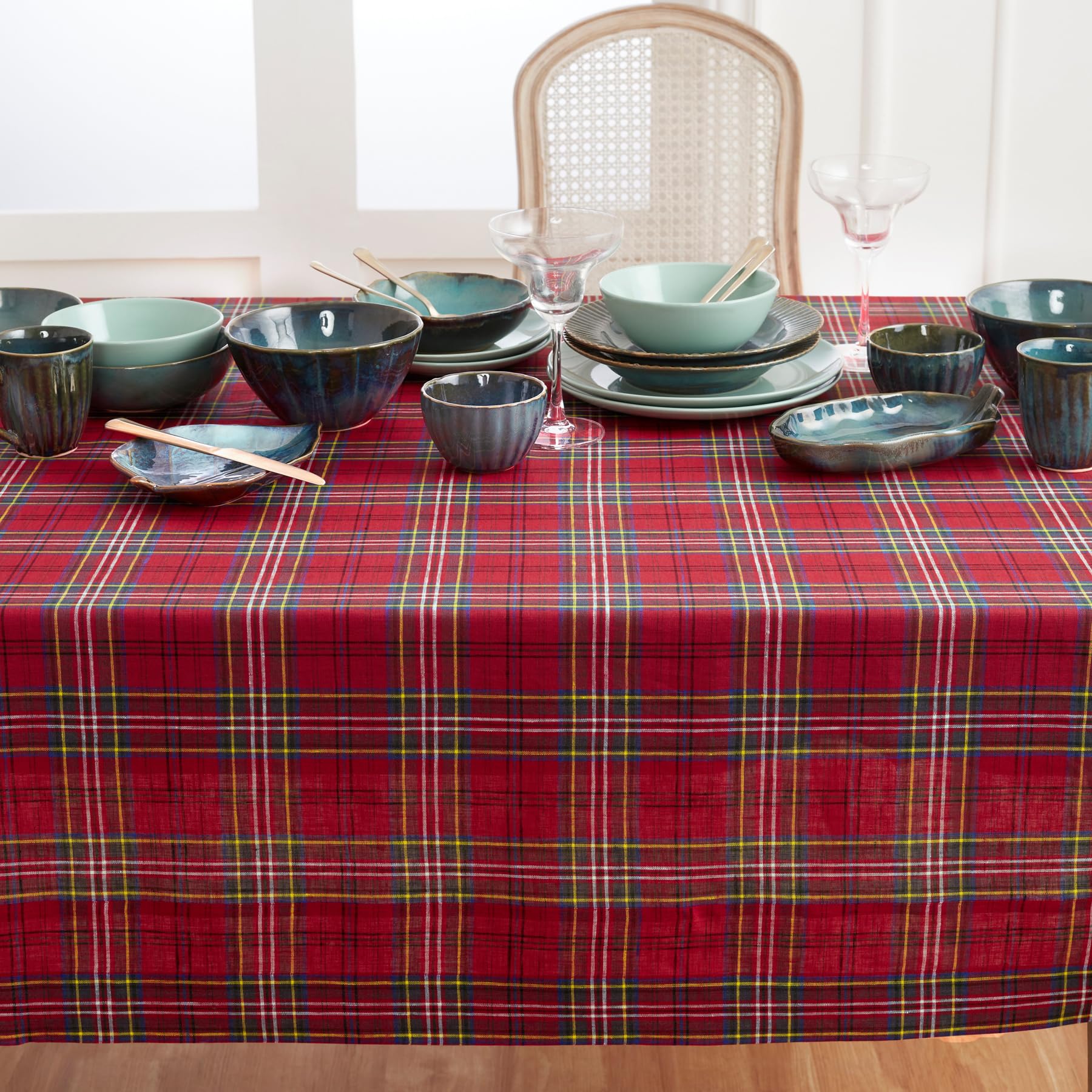 Solino Home Tablecloth 108'' L X 60'' W Inch - 100% Pure Linen Red Classic Tartan Plaid Tablecloth - Handcrafted And Machine Was