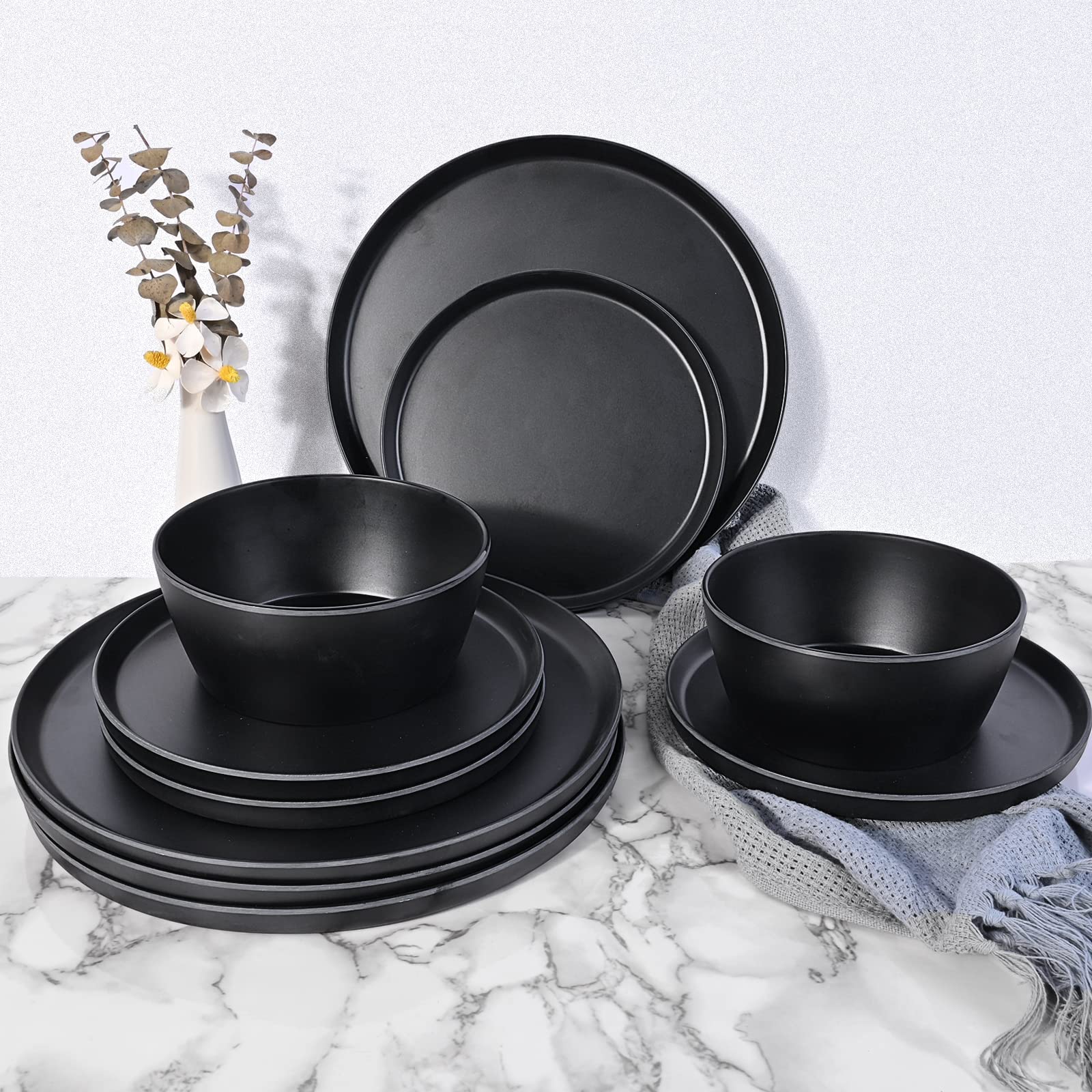 Afcevnlb 12-Piece Plastic Dinnerware Set Plates And Bowls Sets Service For 4 Matte Black Melamine Plates Unbreakable Plastic Out