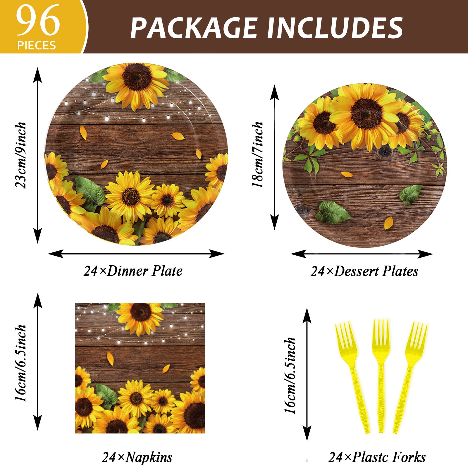 Wiooffen 96 Pcs Sunflower Party Supplies Sunflower Wood Grain Themed Party Decoration Sunflower Party Tableware Set Kids Party P