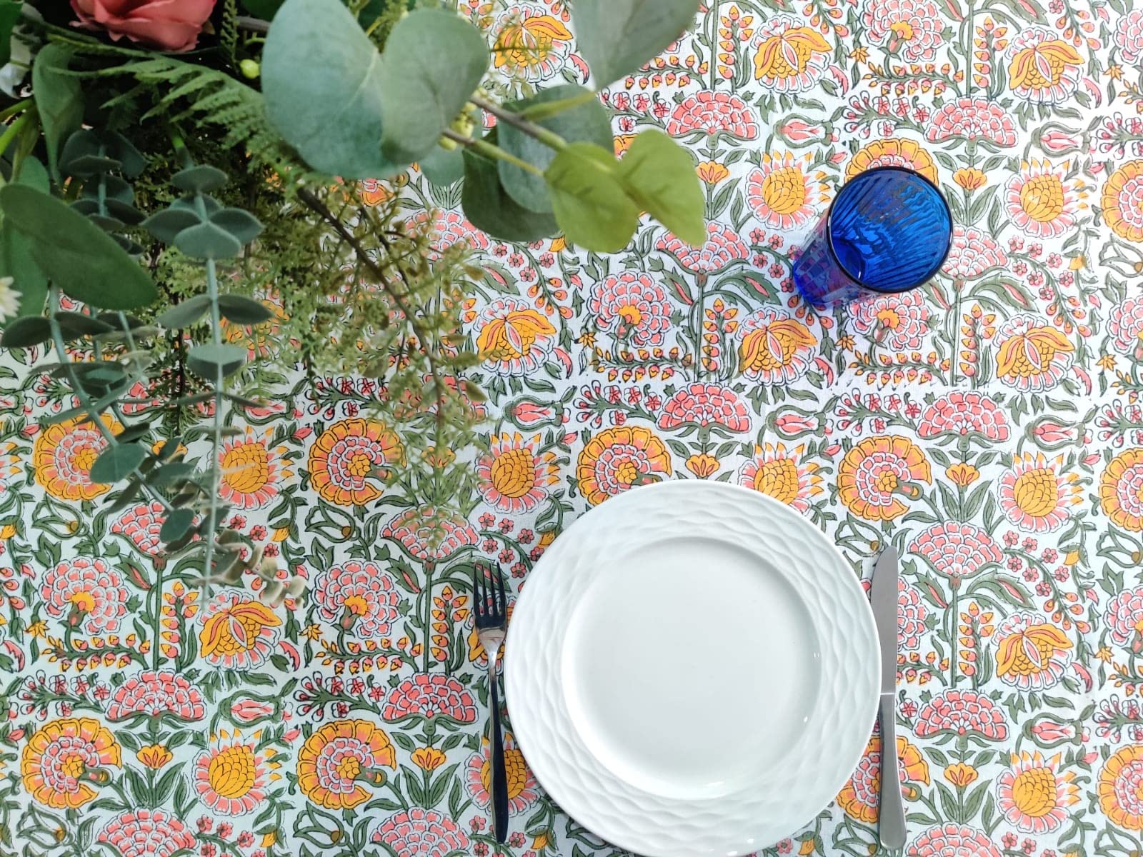 Atosii Clover Yellow 100% Cotton Rectangle Fall Tablecloth, Handblock Floral Print Linen Table Cloth For Kitchen Dining I Partie