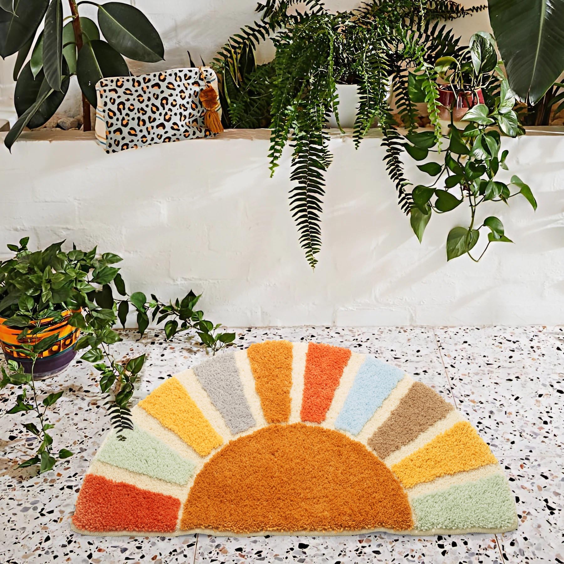 Dyefury Sunrise Boho Bathroom Rugs,Half Circle Bath Mat Cute,Sun Bath Mats,Retro Bohemian Home Bathroom Decor,Small Colorful Fun