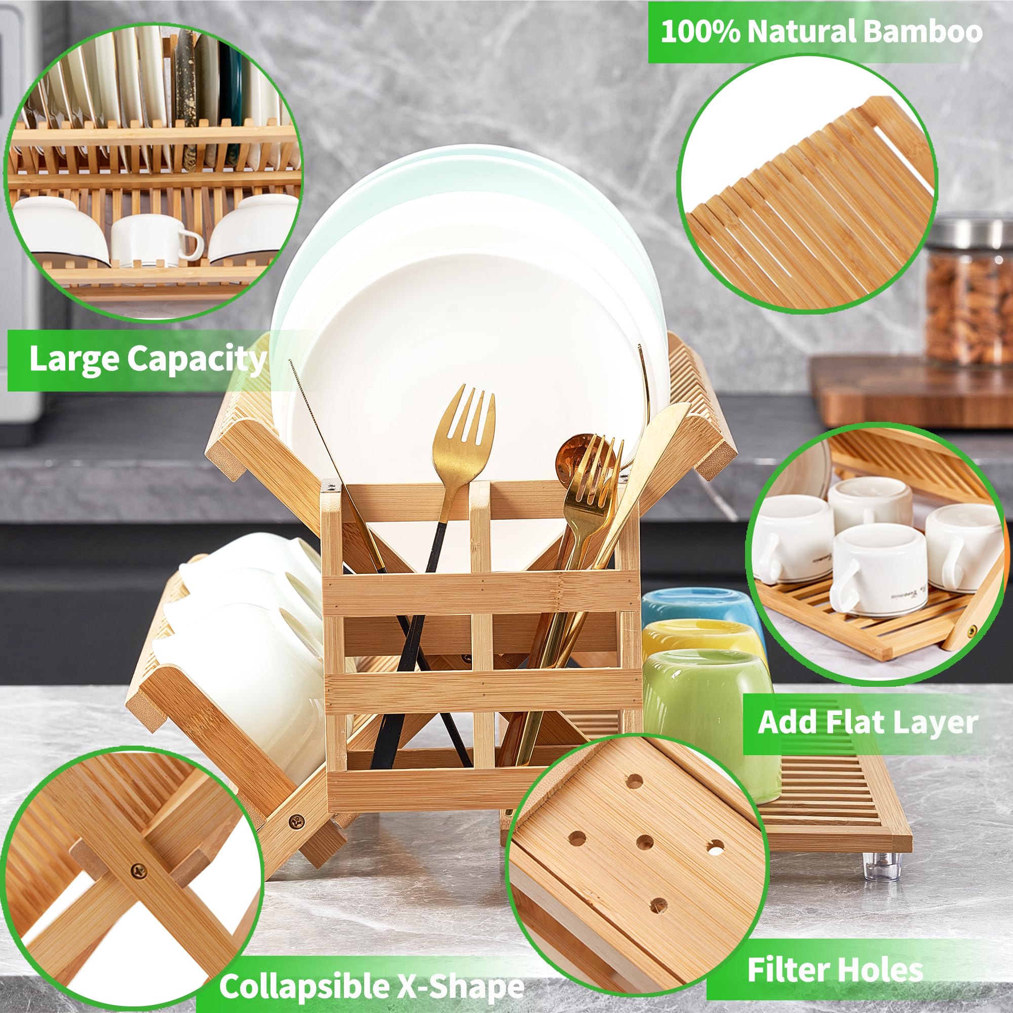 NOVAYEAH Bamboo Dish Drying Rack, 3-Tier Collapsible Utensil Holder, Model DRB01A, Wooden Kitchen Counter Drainer