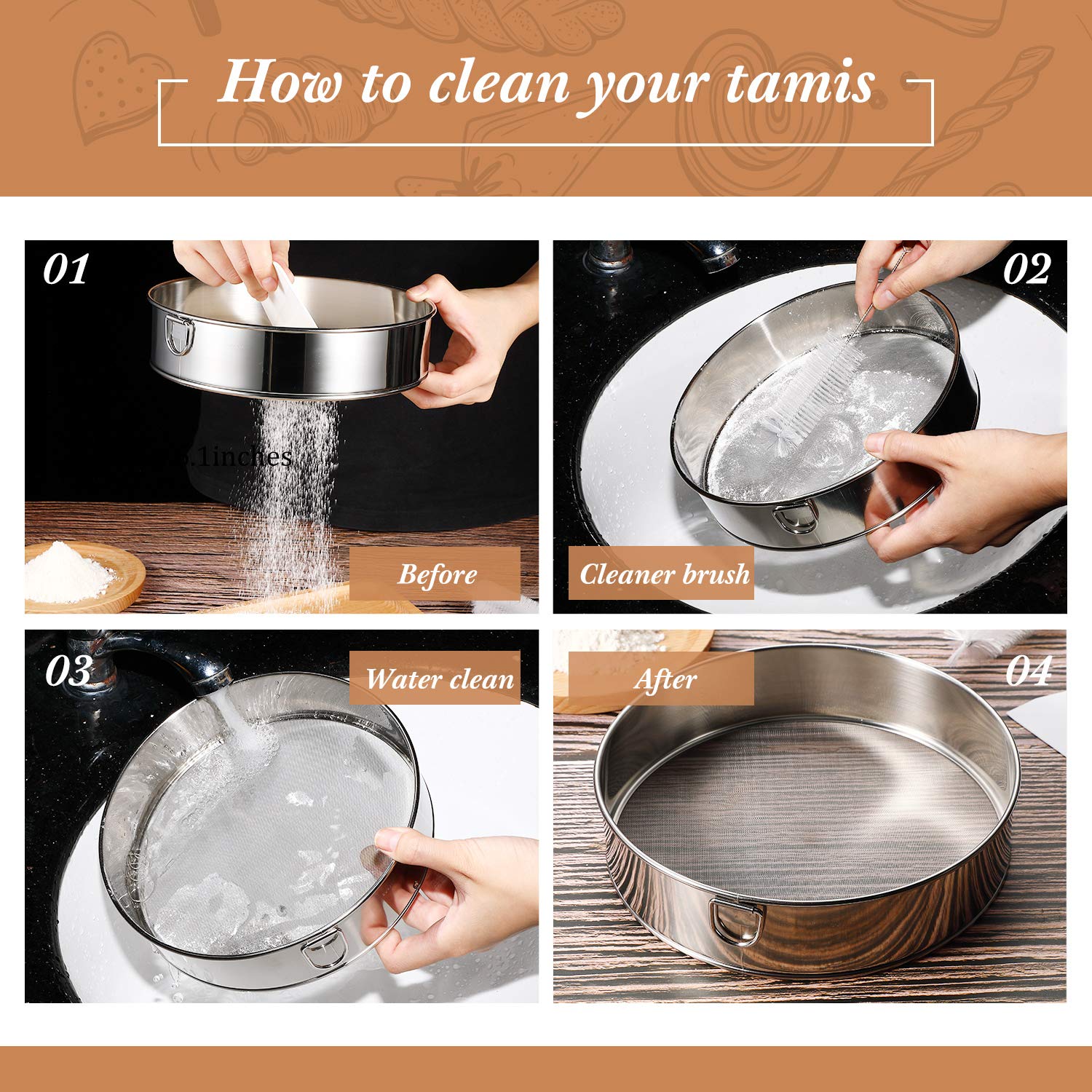 6 Pieces Tamis Flour Sieve Set 6 Inch 8 Inch 10 Inch Flour Sieve 60 Mesh Stainless Steel Round Sifter For Baking With Dough Scra
