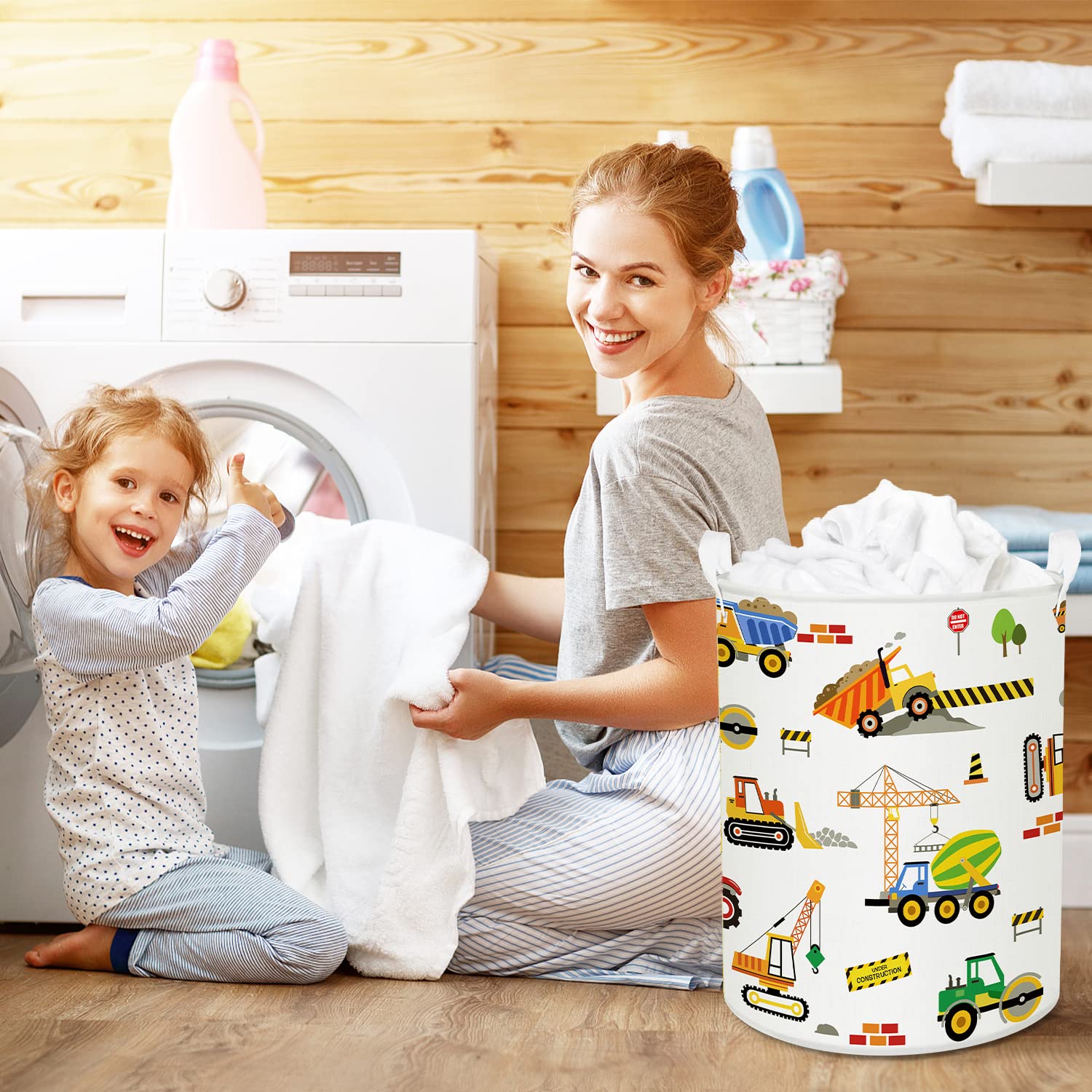 Clastyle 45L Cartoon Construction Vehicles Waterproof Laundry Hamper Collapsible Excavators Truck Laundry Basket With Drawstring
