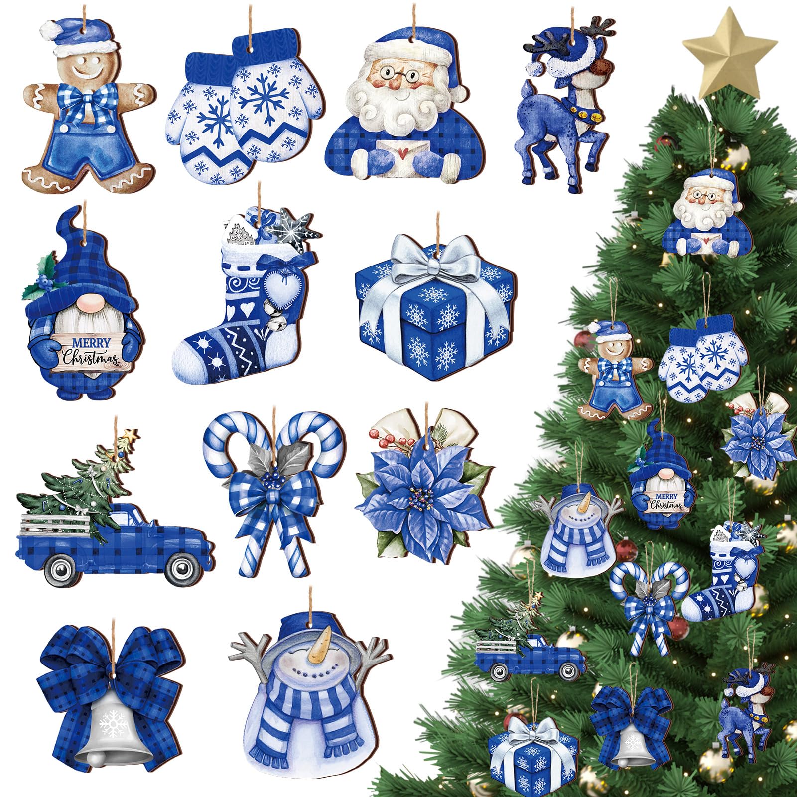 Suzile 36 Pcs Christmas Wooden Ornaments Blue Christmas Ornaments for Tree Vintage Winter Tree Decorations Xmas Hanging Wood Cut