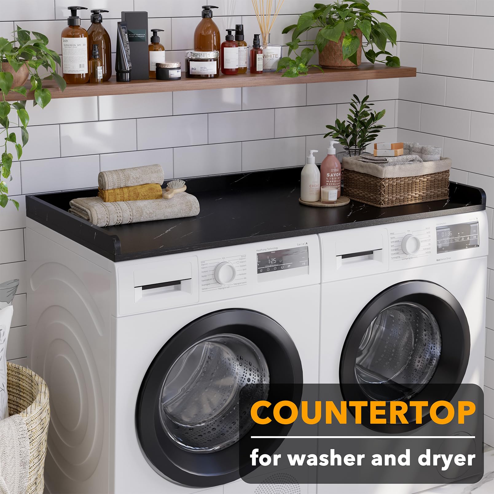 Spaceaid Washer Dryer Countertop, Laundry Wood Shelf Topper With Edge, 54'' Width X 27.5'' Depth Cover Guard Organizer For Washe
