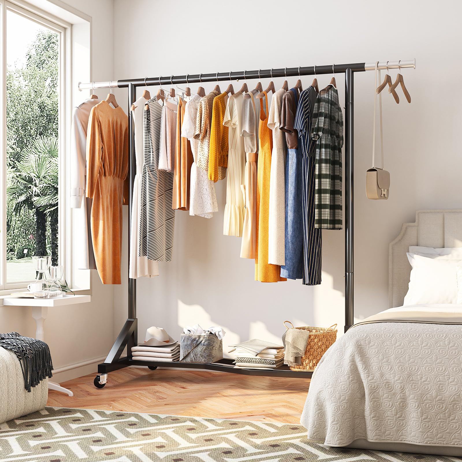 Raybee Clothing Rack Heavy Duty 77'' W Clothes Rack Clothing Racks For Hanging Clothes Rolling Clothes Rack With Wheels Commerci