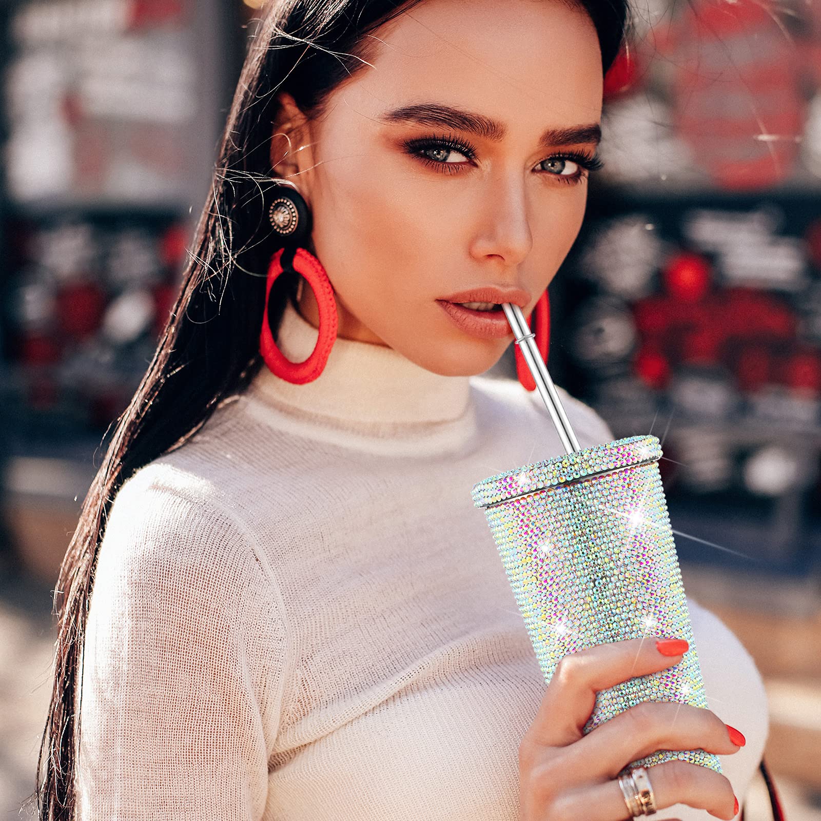 Studded Bling Diamond Tumbler Glitter Water Bottle With Lid Stainless Steel Vacuum Thermal Straw Tumbler Rhinestone Tumbler With