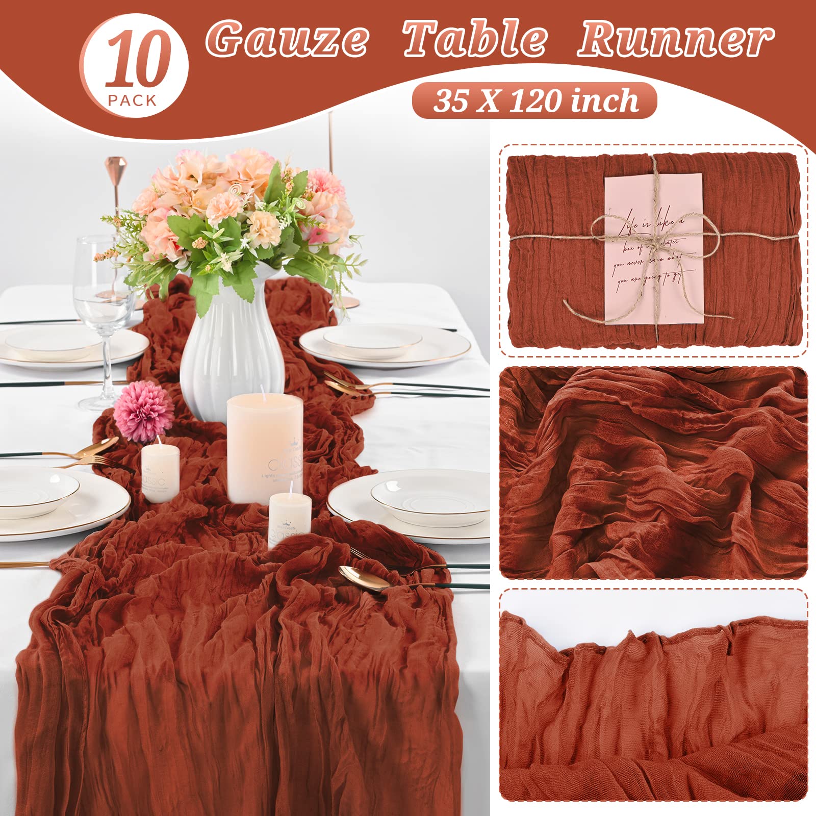 10 Pcs Terracotta Cheesecloth Table Runner 10Ft, Gauze Table Runner For Wedding Reception Sheer Bridal Shower Birthday Party Boh