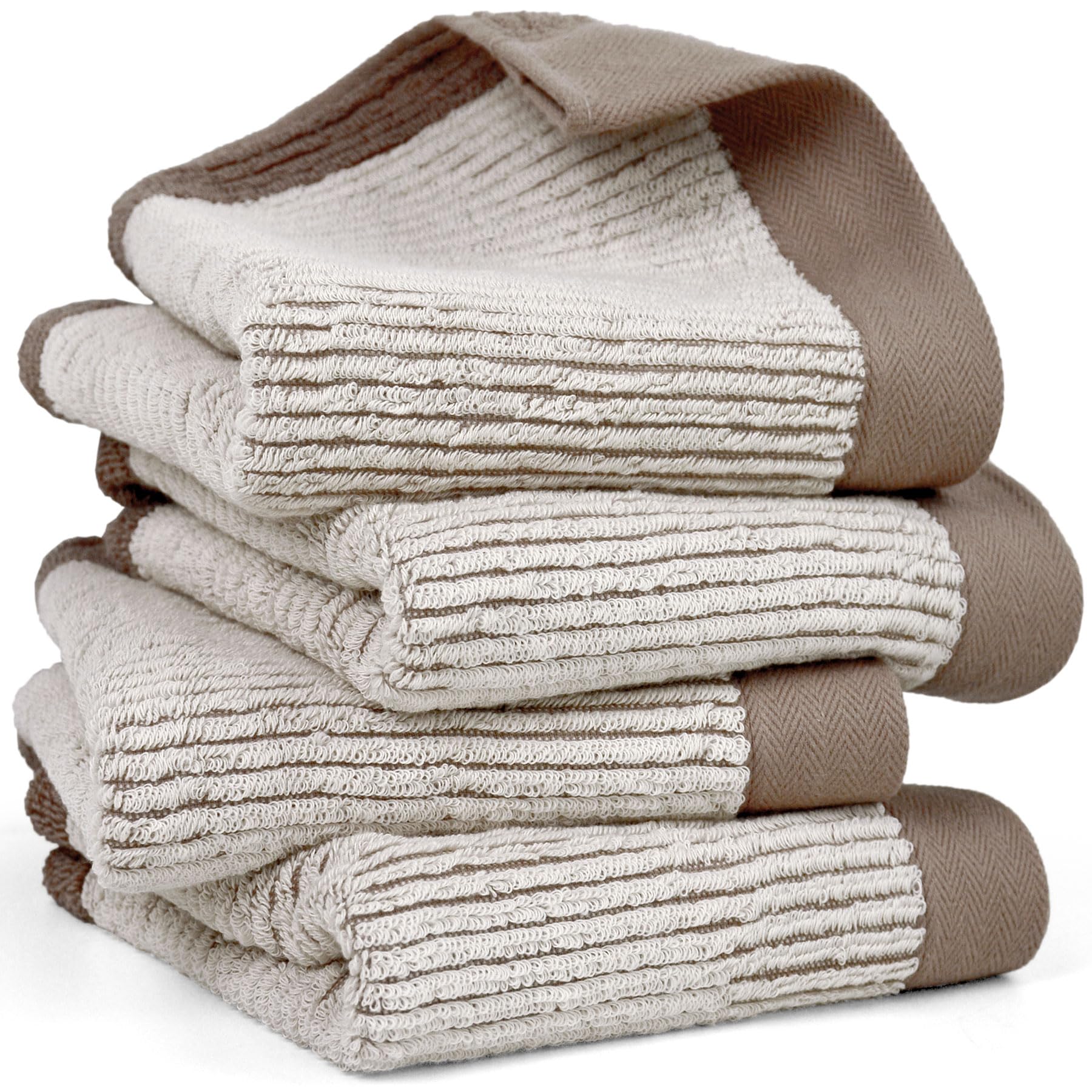 Cleanbear Hand Towels For Bathroom Set Of 4, Jacquard Weaved Cotton Face Towels, 28 X 13.7 Inches (Light-Brown)