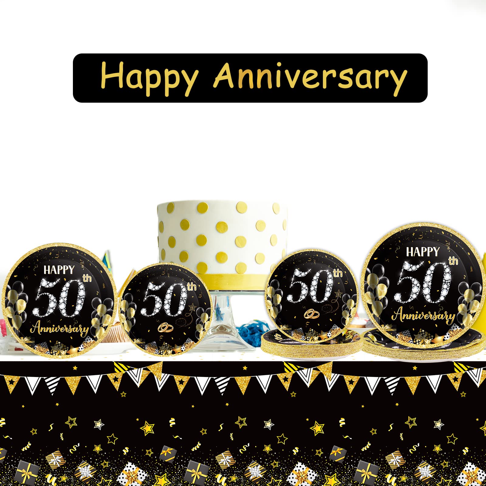 24 Guests 50Th Wedding Anniversary Party Supplies, Gold Black Tablecloth Plates Napkins Forks Set For 50Th Wedding Anniversary P