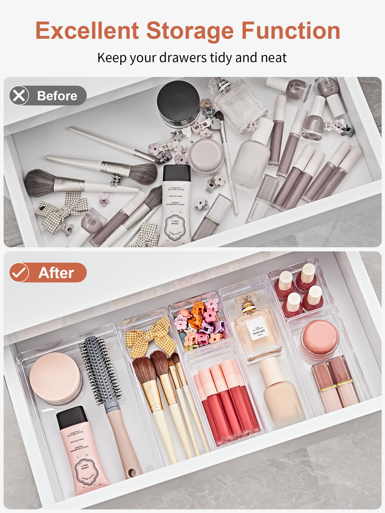 SMARTAKE 25-Piece Drawer Organizer with Non-Slip Silicone Pads, 4-Size Desk Drawer Organizer Trays Storage Tray for Makeup, Jewe