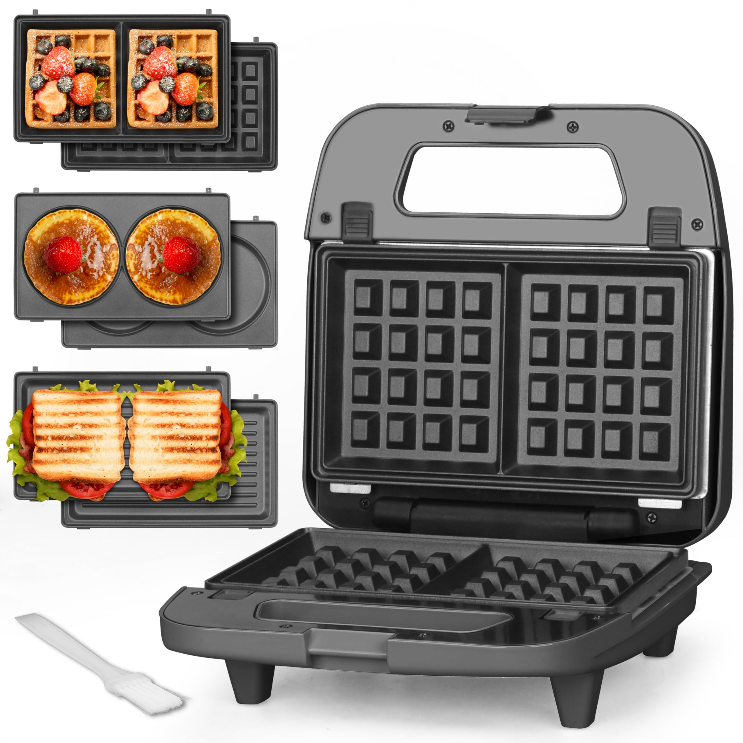 Bakers Friend 3 in 1 Mini Waffle Maker with Removable Plates, Dual Waffle & Pancake and Grill Plates, Breakfast Sandwich Maker P