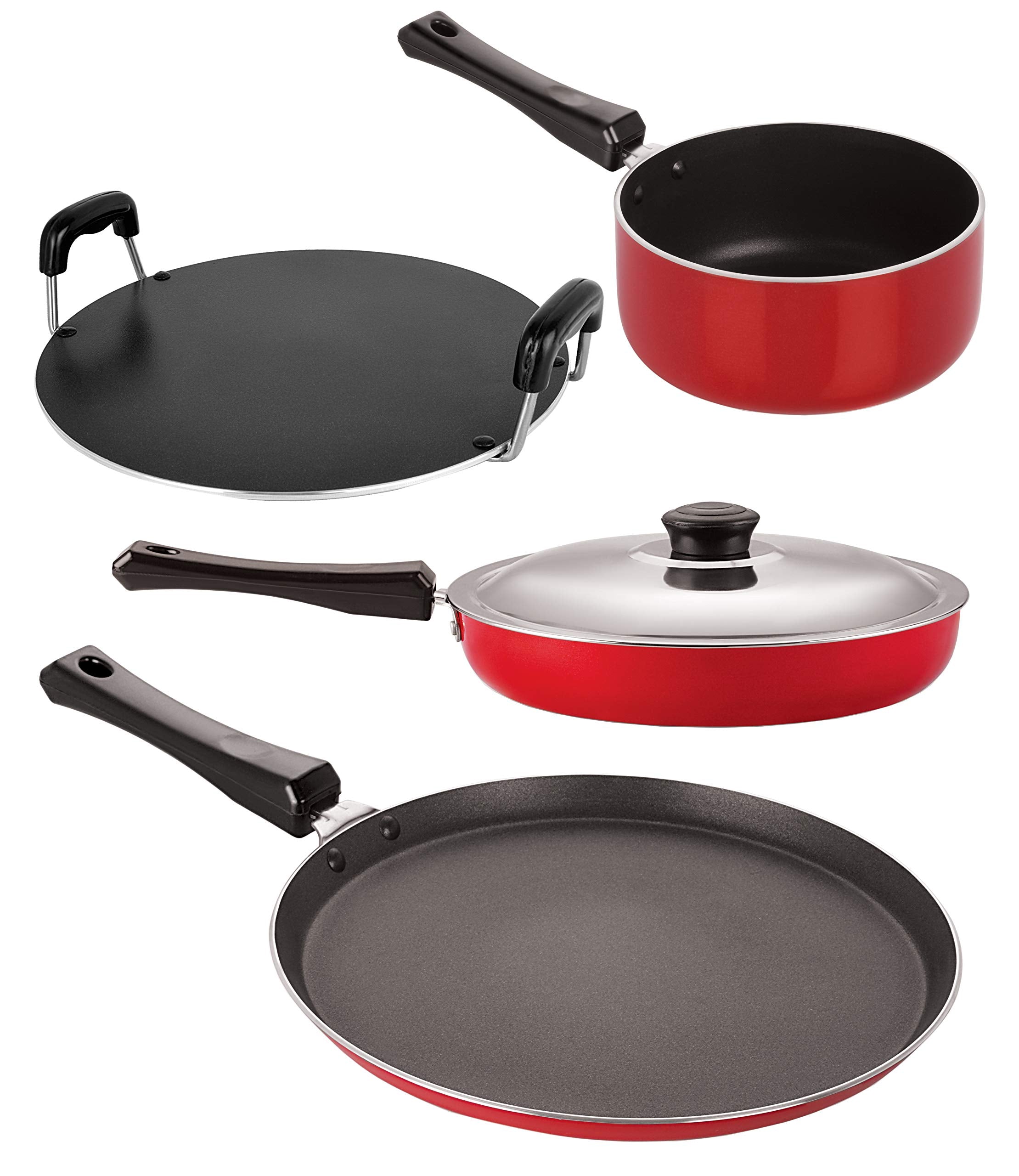 Nirlon NonStick Aluminum Cookware Set, 4Piece, Red And Black (2.6Mm_Ft13_Fp12_Spm_Rt)