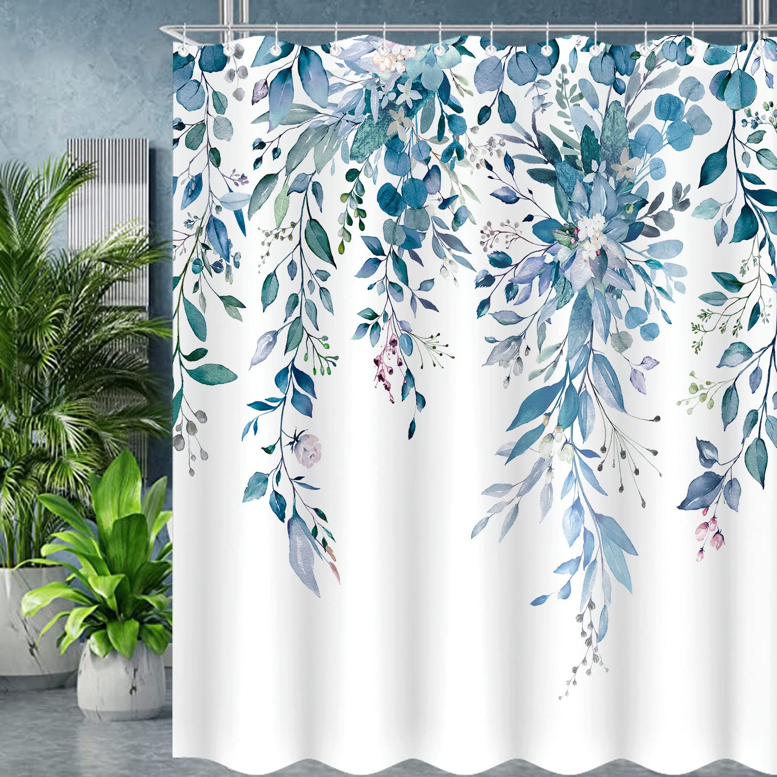 Zussun Blue Eucalyptus Shower Curtain Watercolor Floral Plant Leaf Shower Curtains For Bathroom Botanical Flower Waterproof Fabr