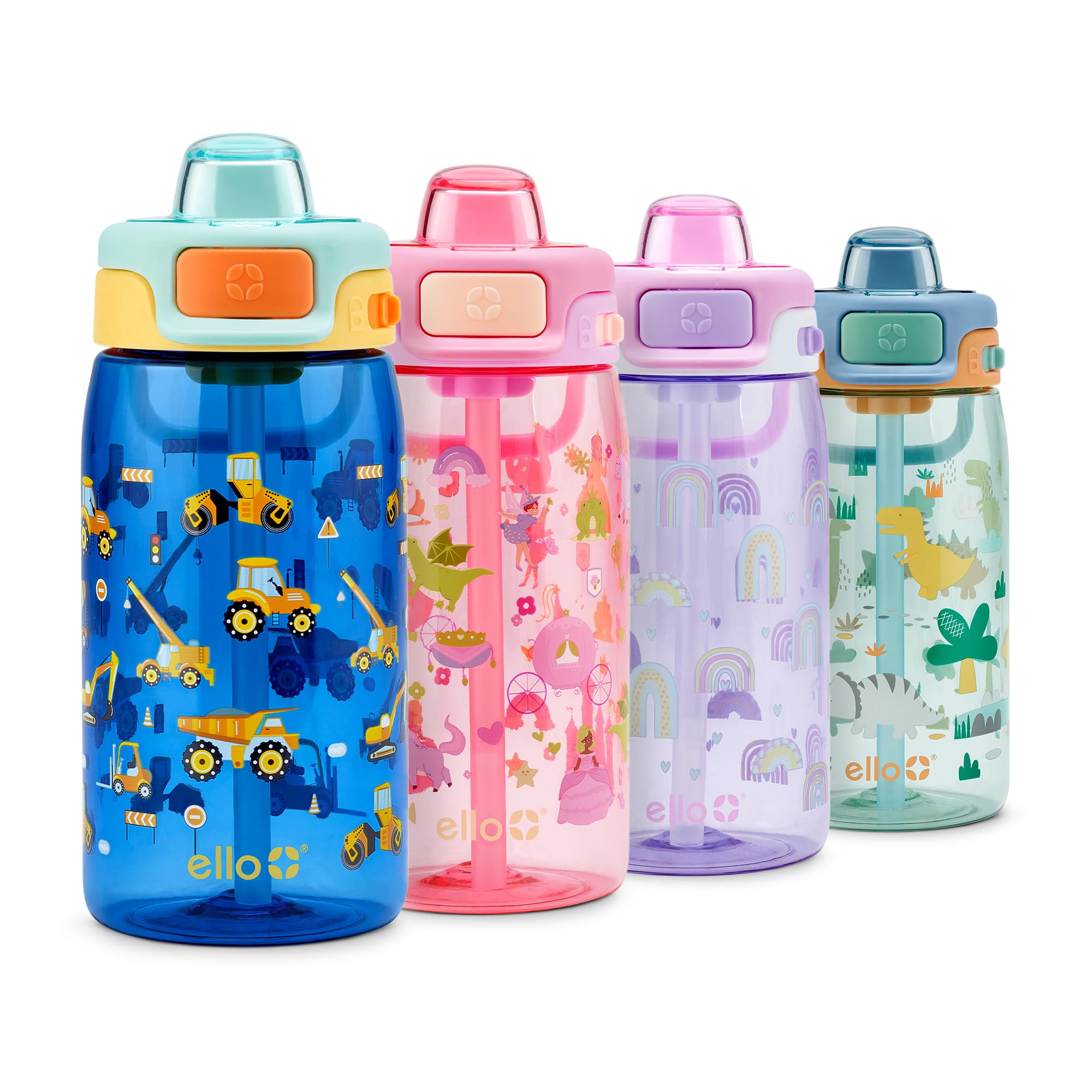 Ello Pop & Fill 16oz Tritan Plastic Kids Water Bottle with Quick Fill Lid | BPA Free Reusable Bottle with Leak Proof Straw and C