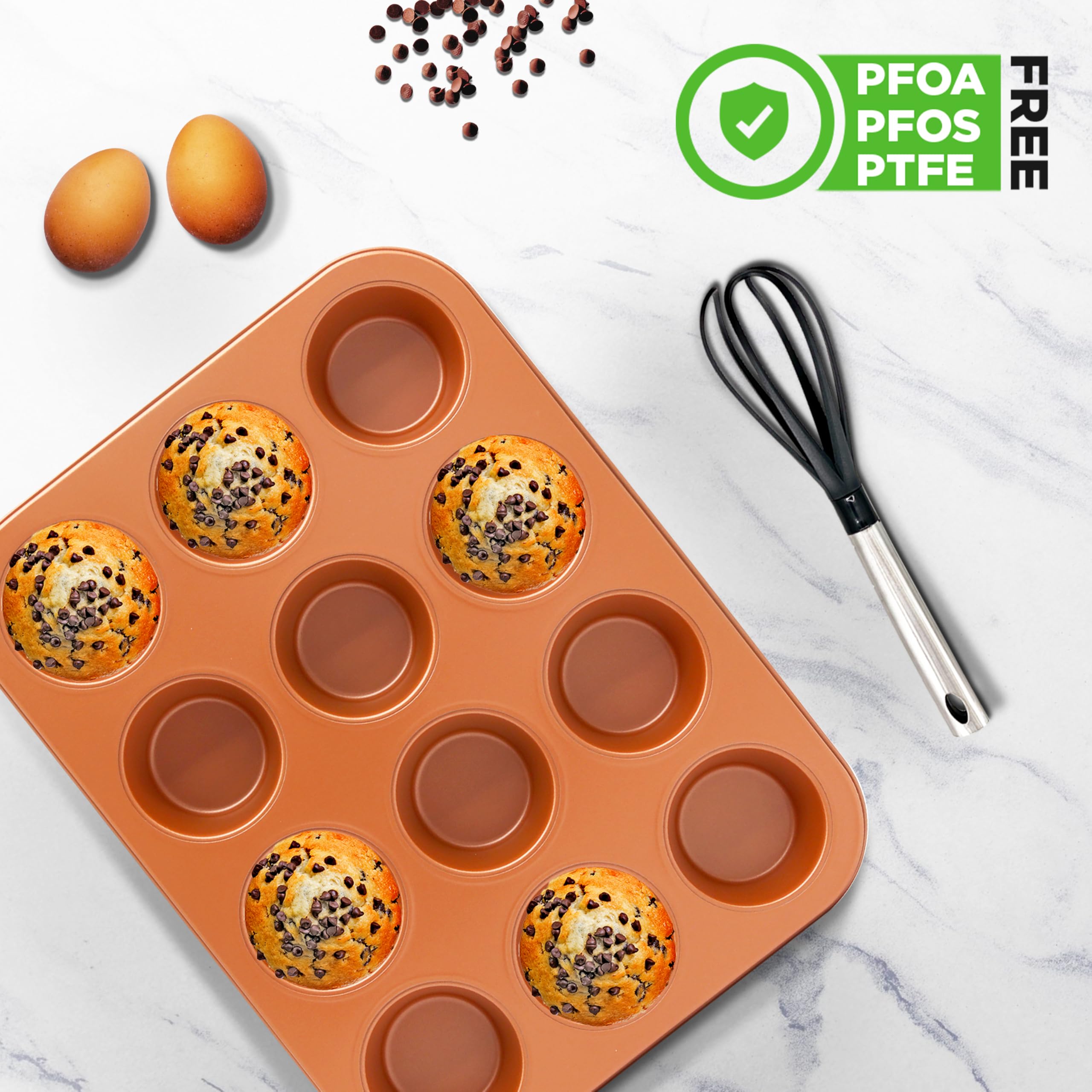 Nutrichef 12-Cup Copper Oven Muffin Pan, Non-Stick Coated Layer Surface, Even Heating Muffin Tray For Muffins, Cupcakes, Pastrie