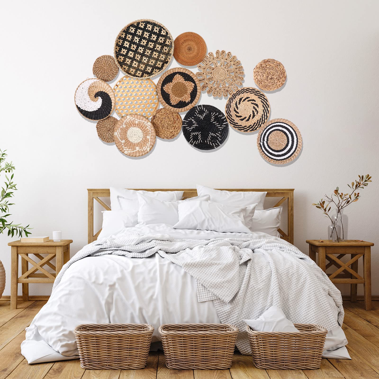 Nuenen Set Of 14 Hanging Woven Wall Basket, Boho Basket Wall Decor, Rustic Wall Decor Handcrafted Hanging Kitchen Baskets For Ki
