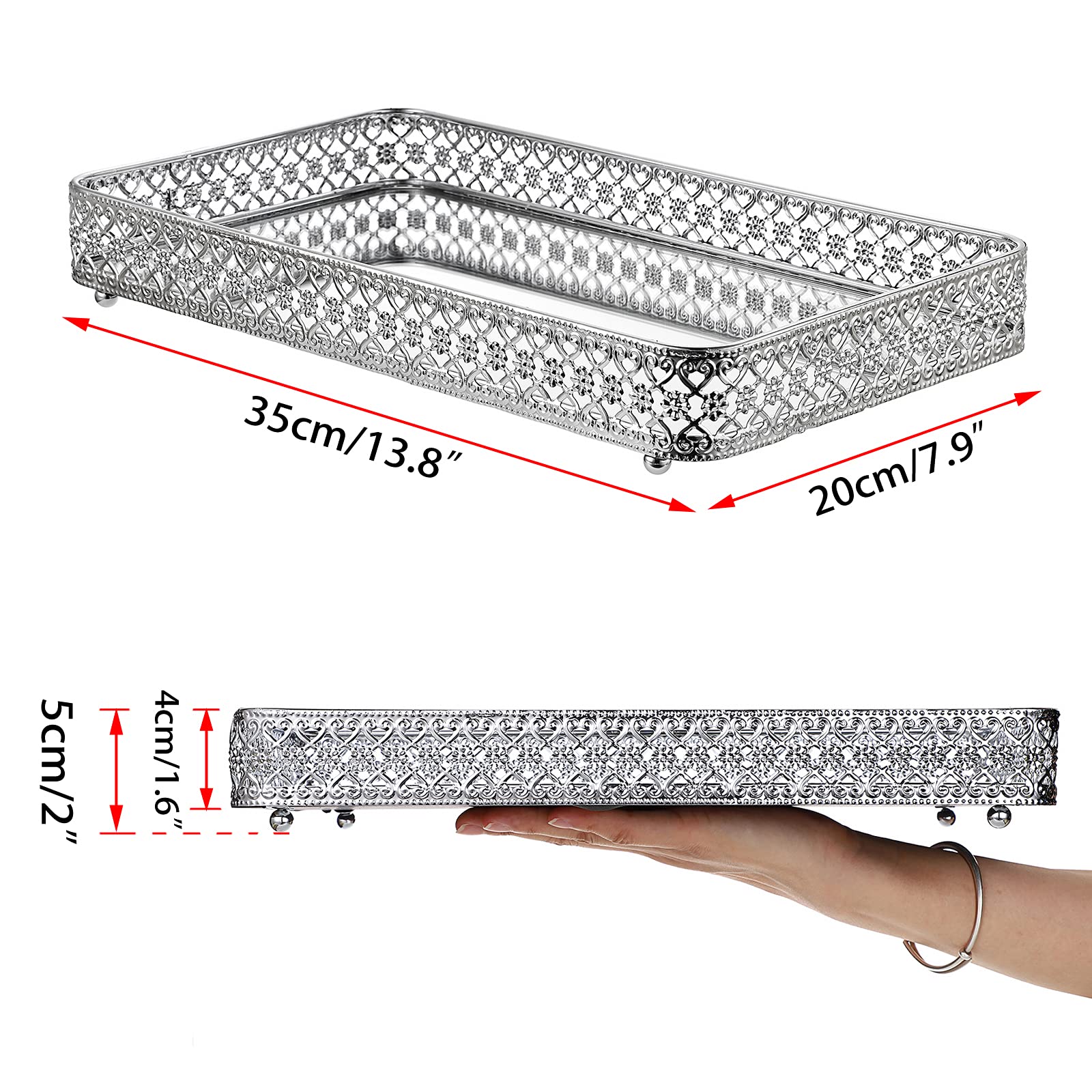 Elldoo Perfume Tray Mirror Tray Silver Vanity Makeup Hollow-Carved Jewelry Tray Glass Metal Trinket Storage Tray Home Decor Orga