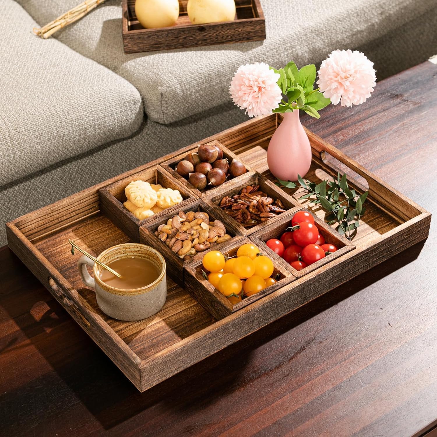 Hamdan Wooden Serving Tray With Handles, Rectangular Plates With 8 Compartments,Ottoman Tray For Living Room,Are Used For Coffee