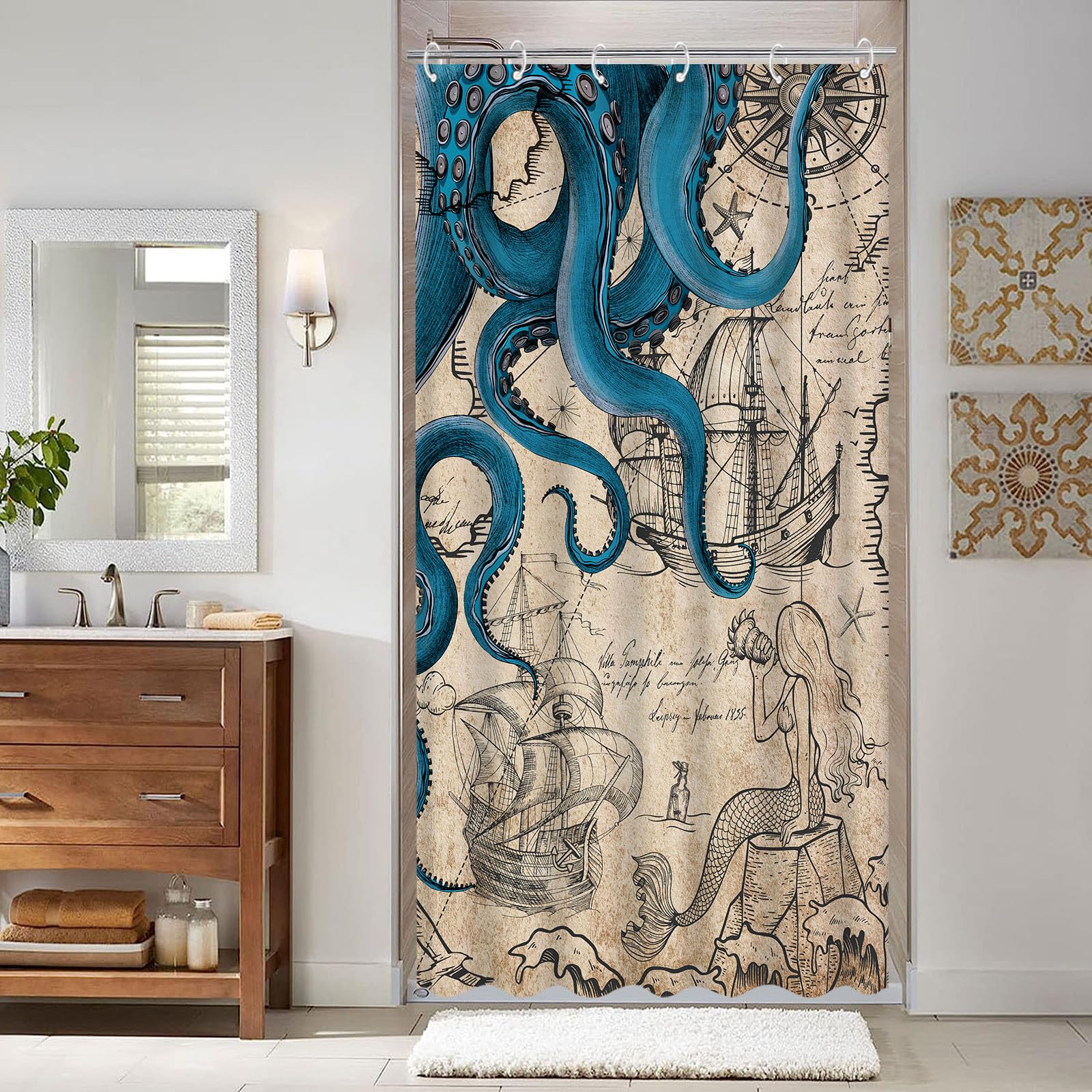 Fungarth Stall Vintage Nautical Octopus Shower Curtain Navy Blue Mermaid Funny Ocean Kraken Shower Curtains For Bathroom Cool An