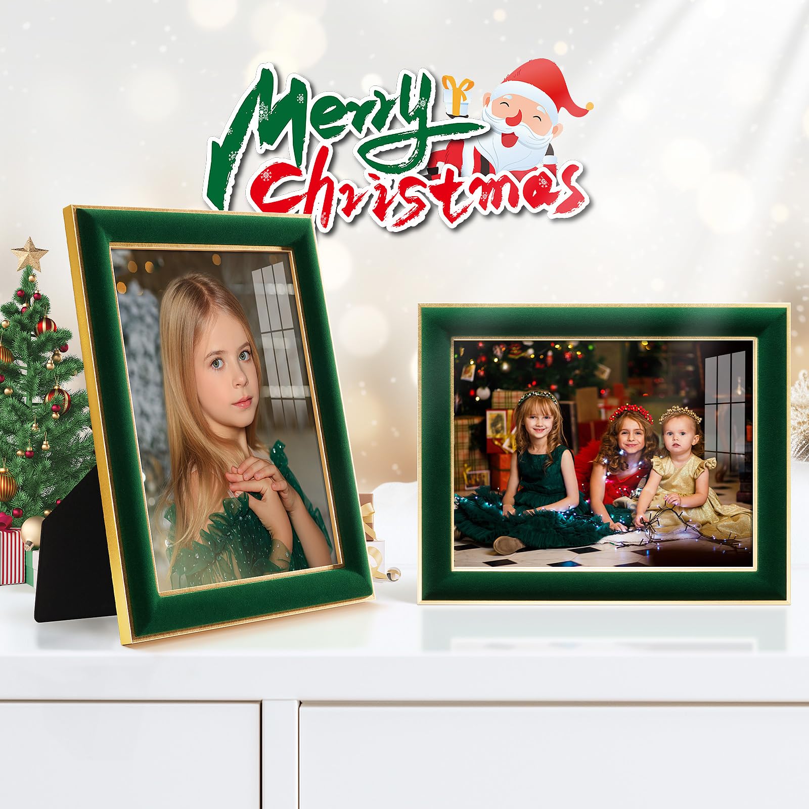 KSROECUD 8.5x11 Velvet Picture Frame with 2 Opening 5x7 Picture, HD Real Glass Green Velvet Photo Frame with Black White Border