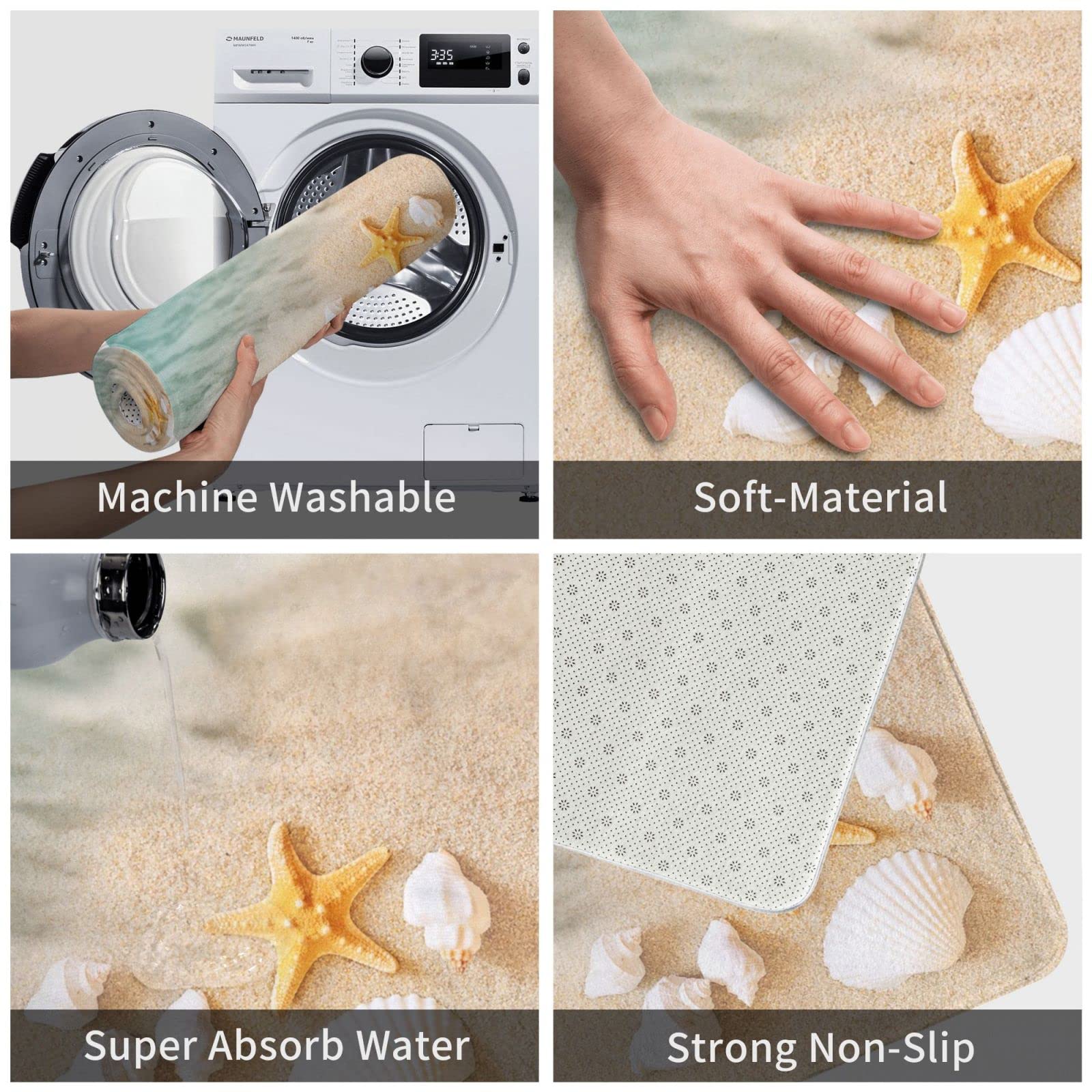Coastal Beach Starfish Bath Mats For Bathroom, Soft Absorbent Bath Rug Non-Slip Floor Rug Carpets For Kitchen Bathroom Laundry B
