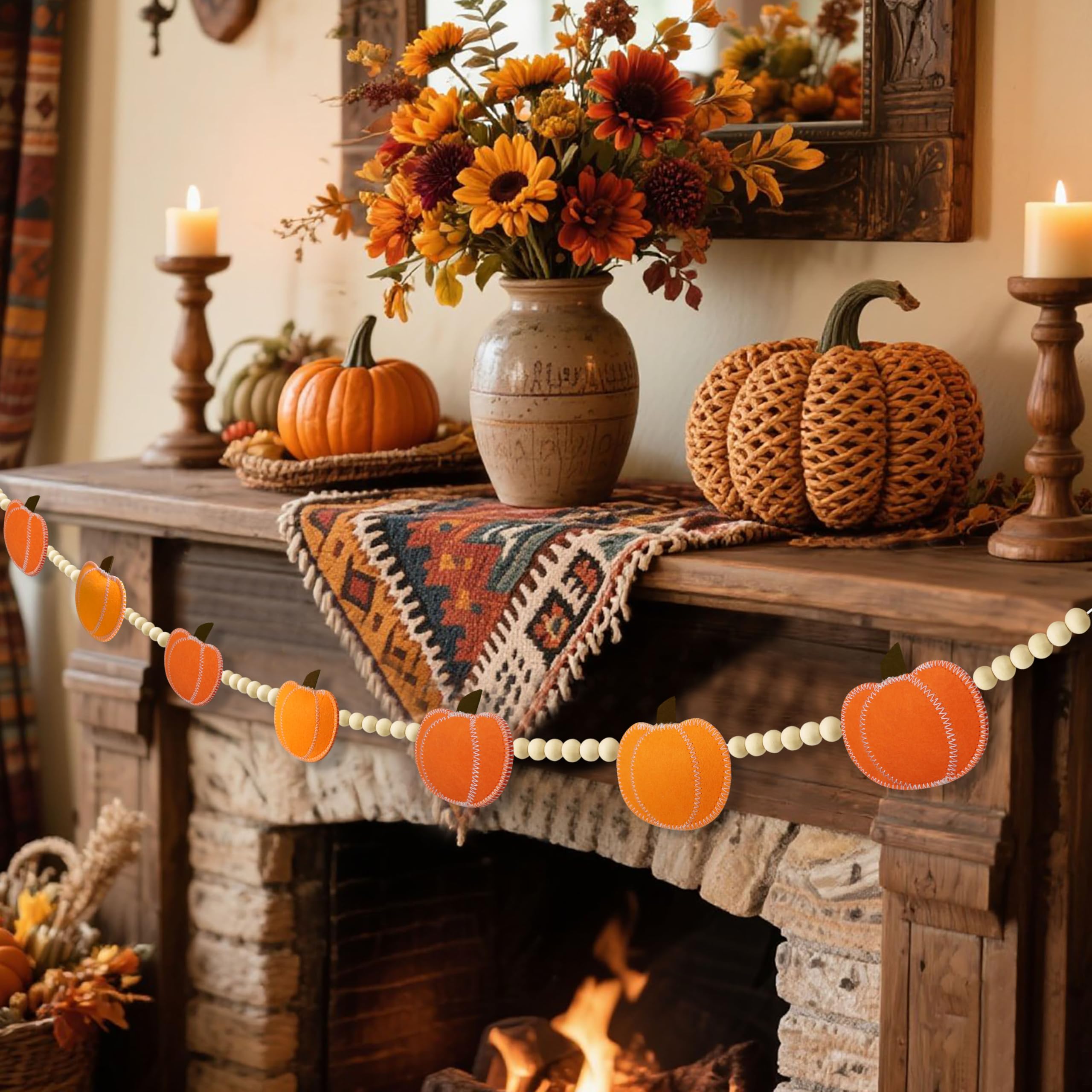 Thanksgiving Decorations Pumpkin Garland, Adjustable Wood Bead Felt Pumpkins Hanging Garland, Fall Banner for Home Mantel Firepl