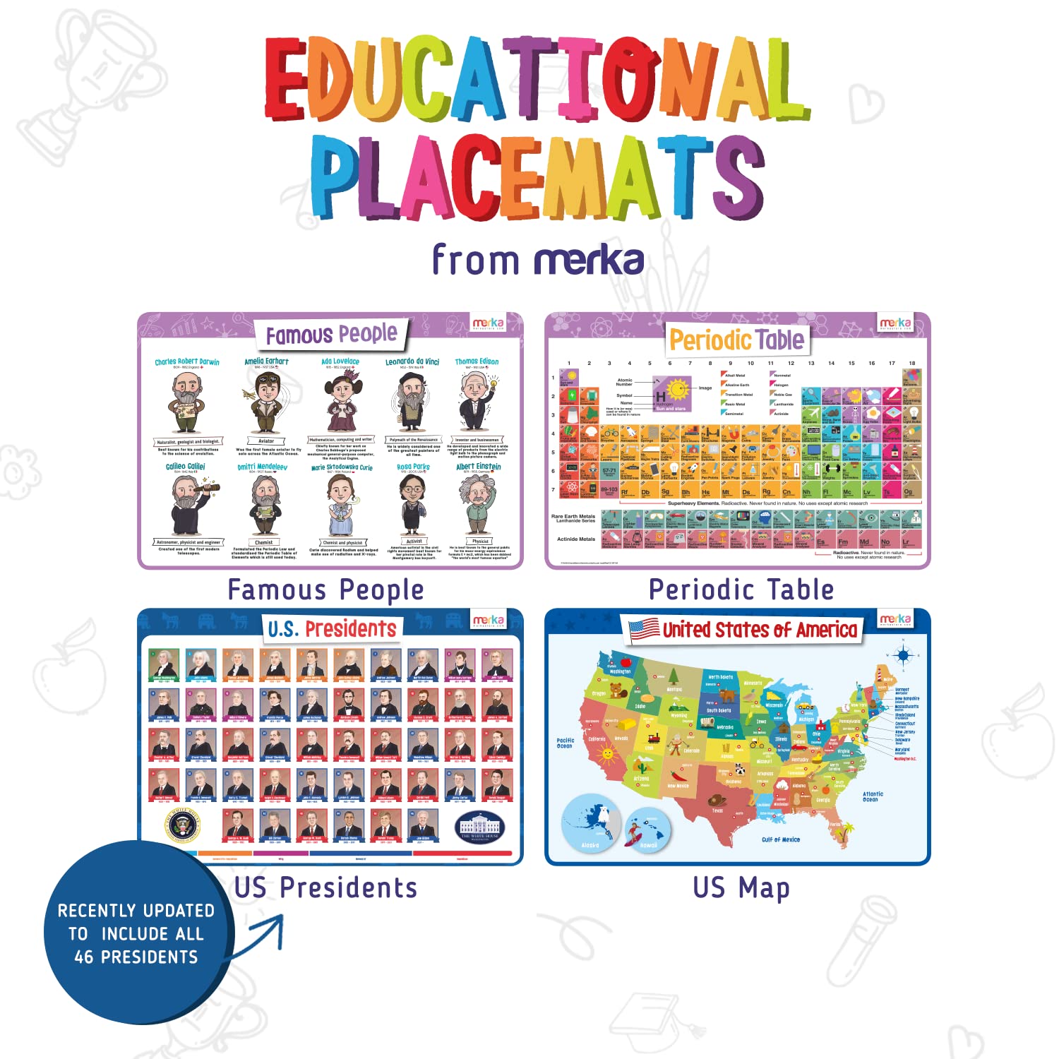 Merka Kids Table Placemats Set Of 4 Kids Placemats For Dining Tables Us Map Us Presidents Famous People, And Periodic Table Of E