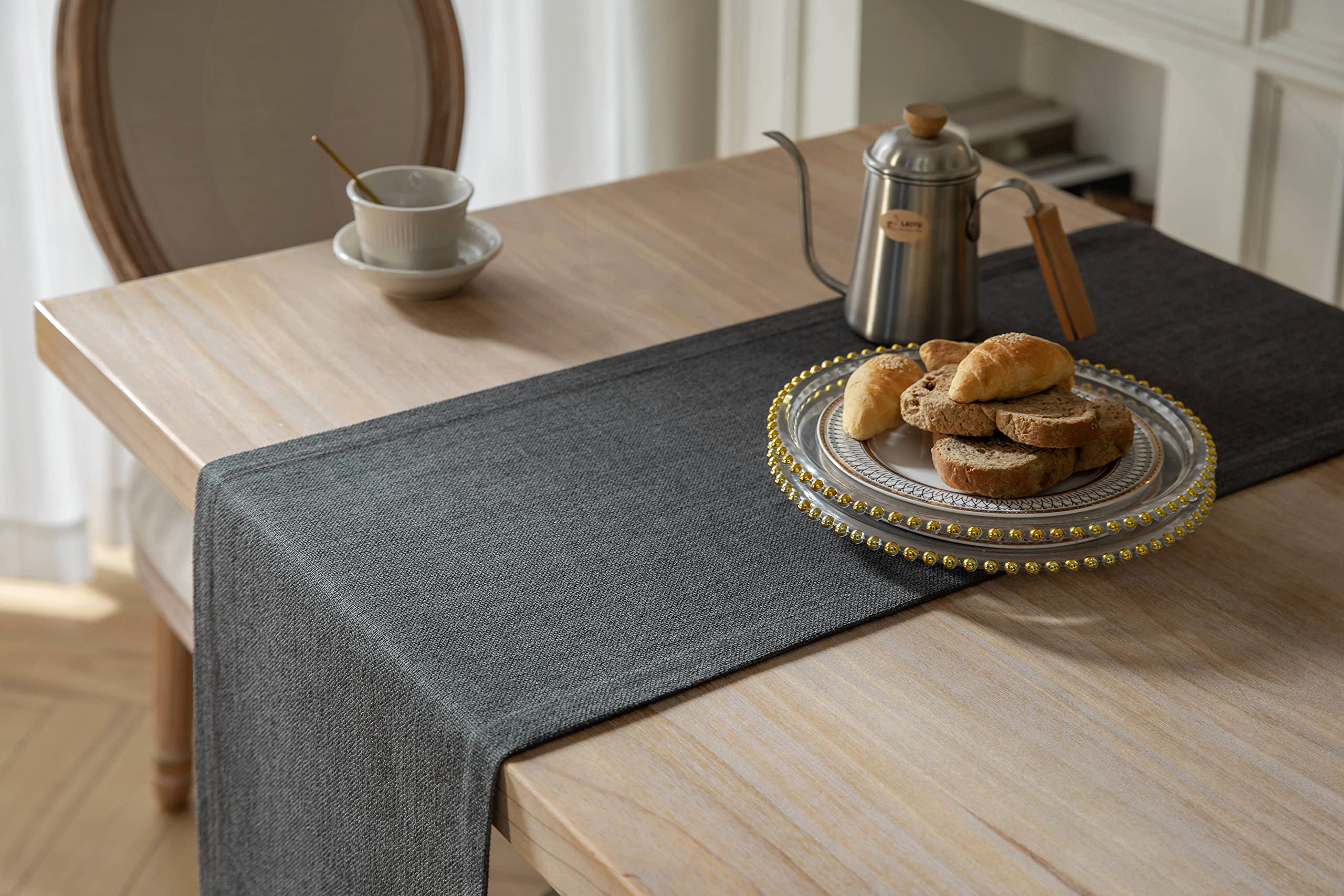 Zeemart Burlap Style Farmhouse Table Runners 90 Inches Long, Grey Rustic Woven Dining Table Runner For Everyday Use, 14X90 Inche