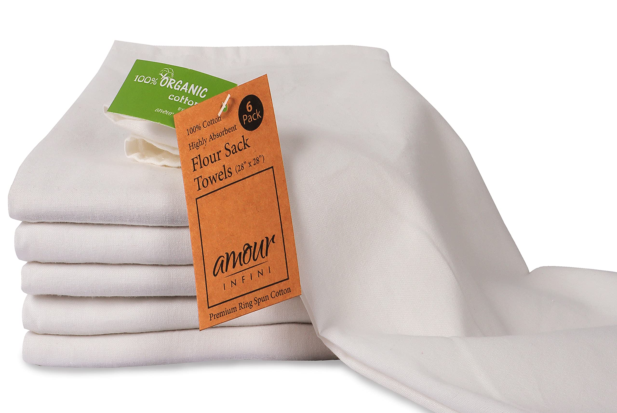 Amour Infini Organic Cotton Flour Sack Kitchen Towels Pack Of 6 - Tea Towel For Embroidery And Drying Glass, Dinnerware -Lint Fr