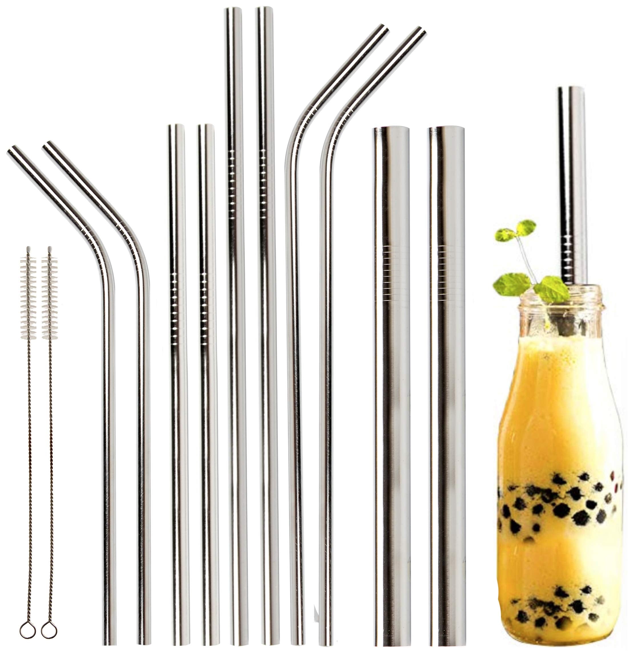 Youngever Reusable Stainless Steel Straws, Metal Straws, With 2 Extra Wide Straws For Smoothie And Bubble Tea, To Go Bag, 20 Oun