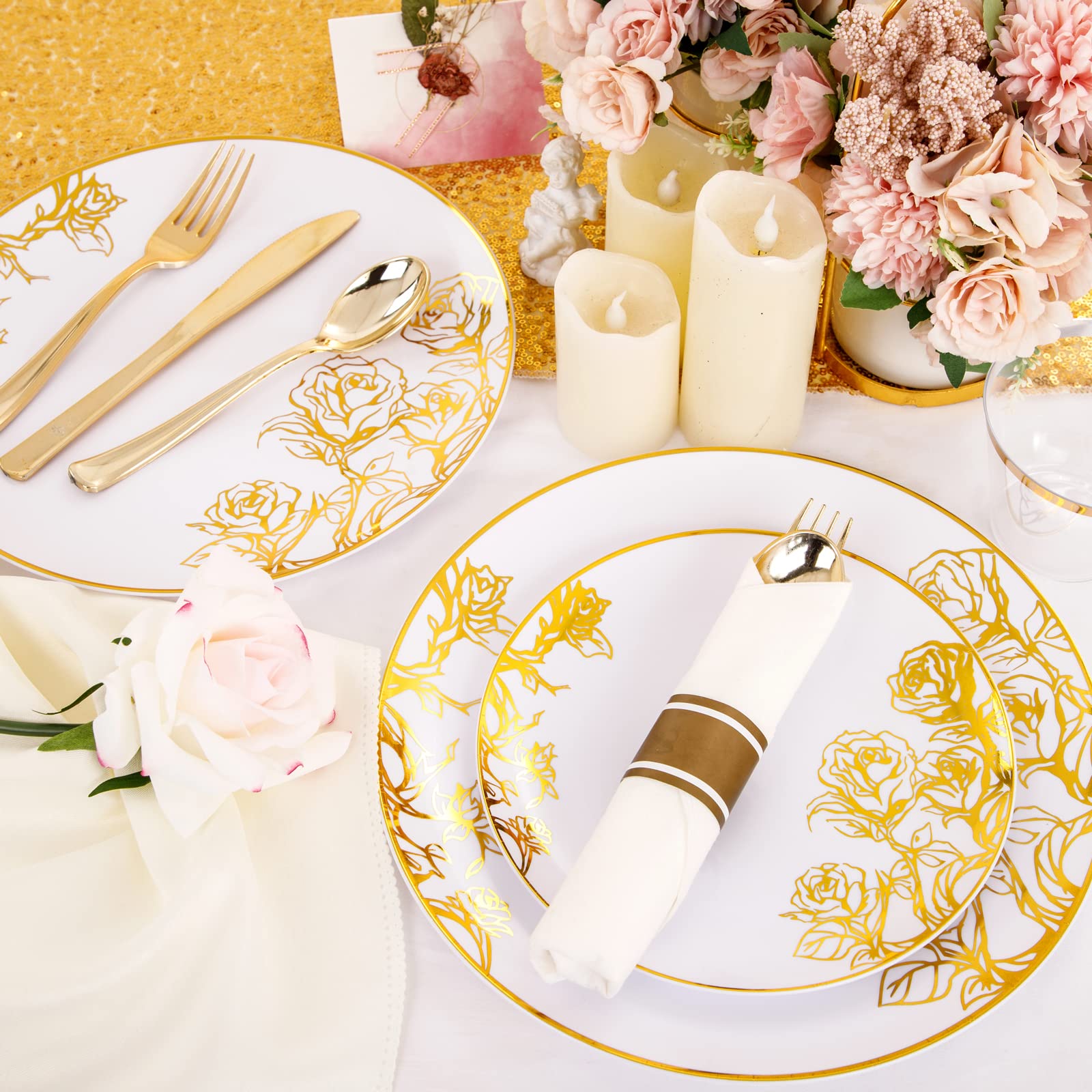 Dayammi 210Pcs Pink Gold Plastic Plates,Gold Disposable Dinnerware Set Includes 60 Gold Pink Plates,30 Gold Plastic Silverware,3