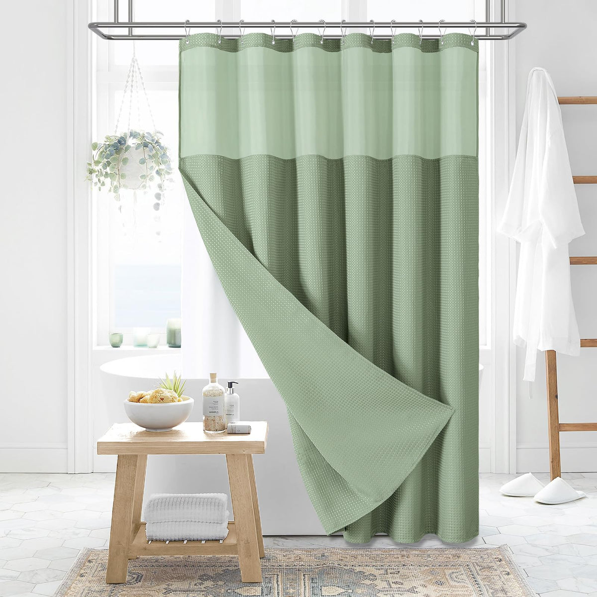 Dynamene Fabric Shower Curtain With Snap In Liner, Sage Green Waffle Hotel Shower Curtains For Bathroom, Washable Waterproof Clo