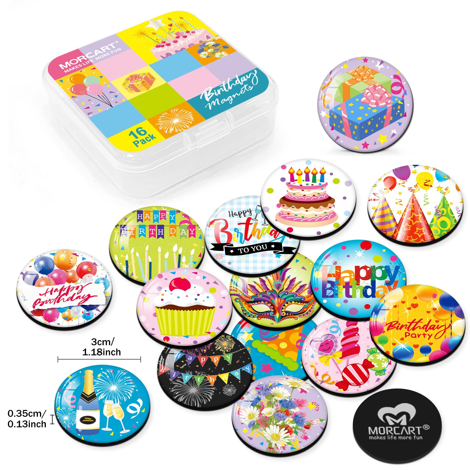 MORCART 16PCS Cute Birthday Magnets Decoration for Fridge Refrigerator Locker Whiteboard Decorative Magnetic Board Cabinets Clas