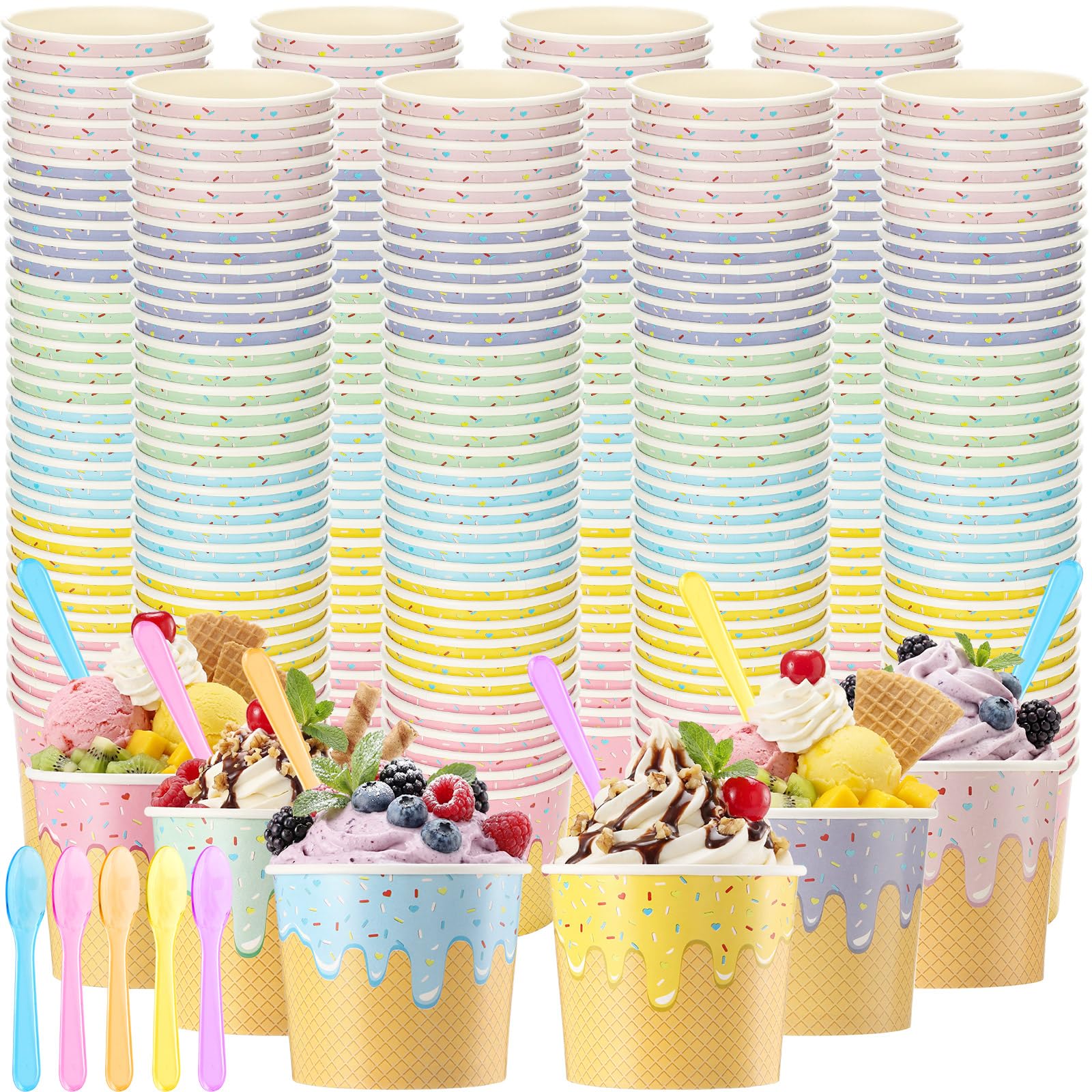 Jingmore 120 Set Paper Ice Cream Cups 4 oz with Spoons Bulk Disposable