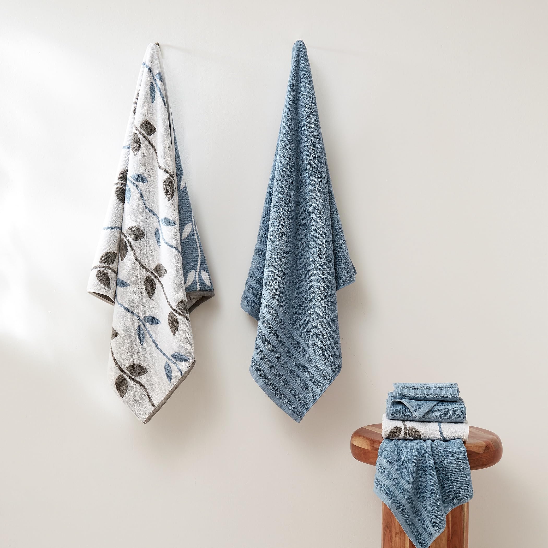 Amrapur Overseas 6-Piece Yarn Dyed Organic Vines Jacquard/Solid Ultra Soft 500GSM 100% Combed Cotton Towel Set [Blue]