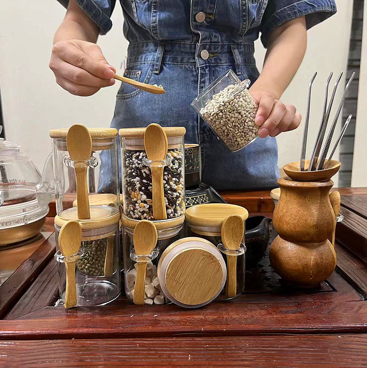 Livejun 8 oz Airtight Mini Glass Jars with Bamboo Lids and Bamboo Spoons  Spice Jars Small Food Storage Containers for Kitchen  Bathroom  Home Decor Set of 8