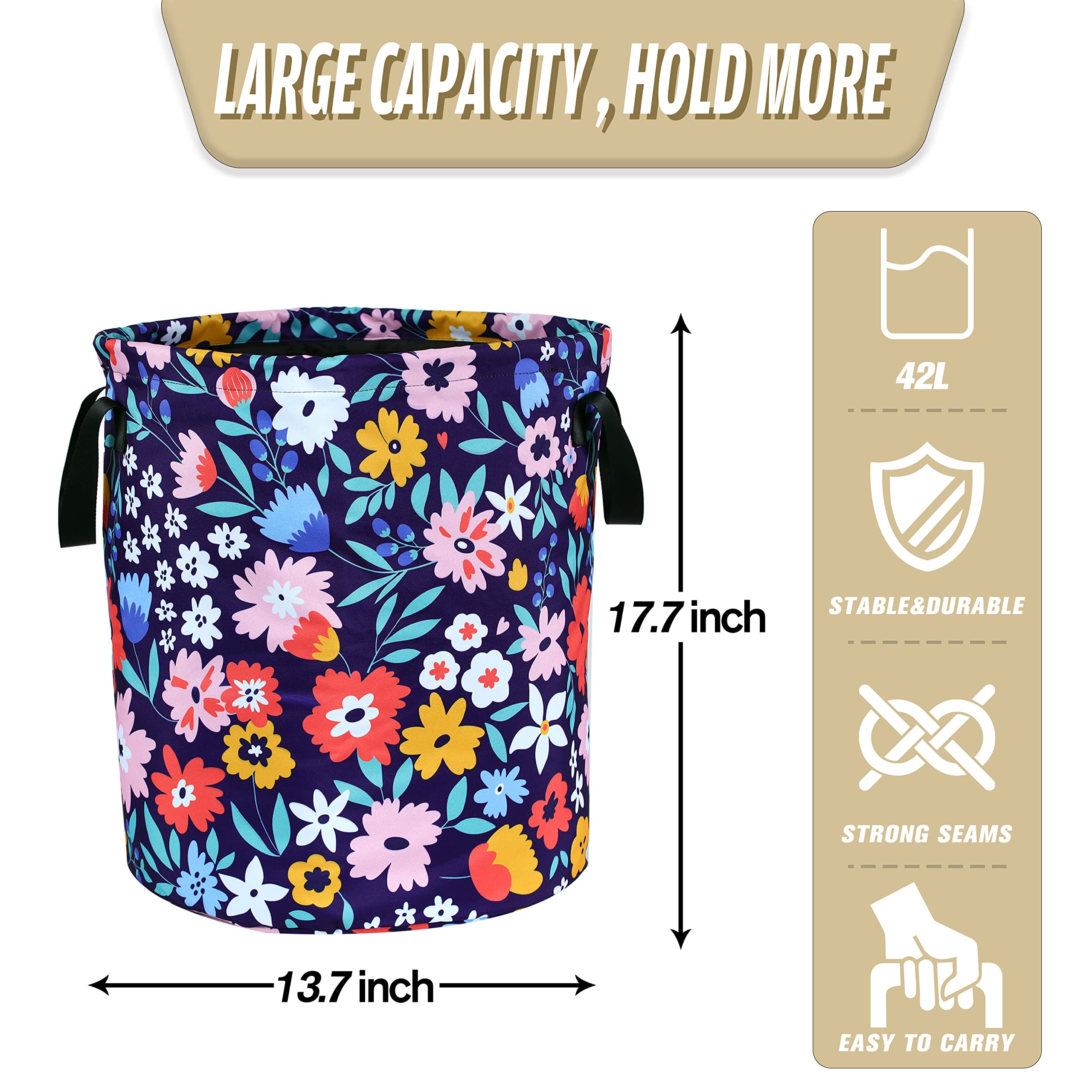 Folk Floral Art Laundry Basket Beautiful Flowers Foldable Waterproof Oxford Cloth Funny Tote Bag Laundry Hamper Clothes Storage