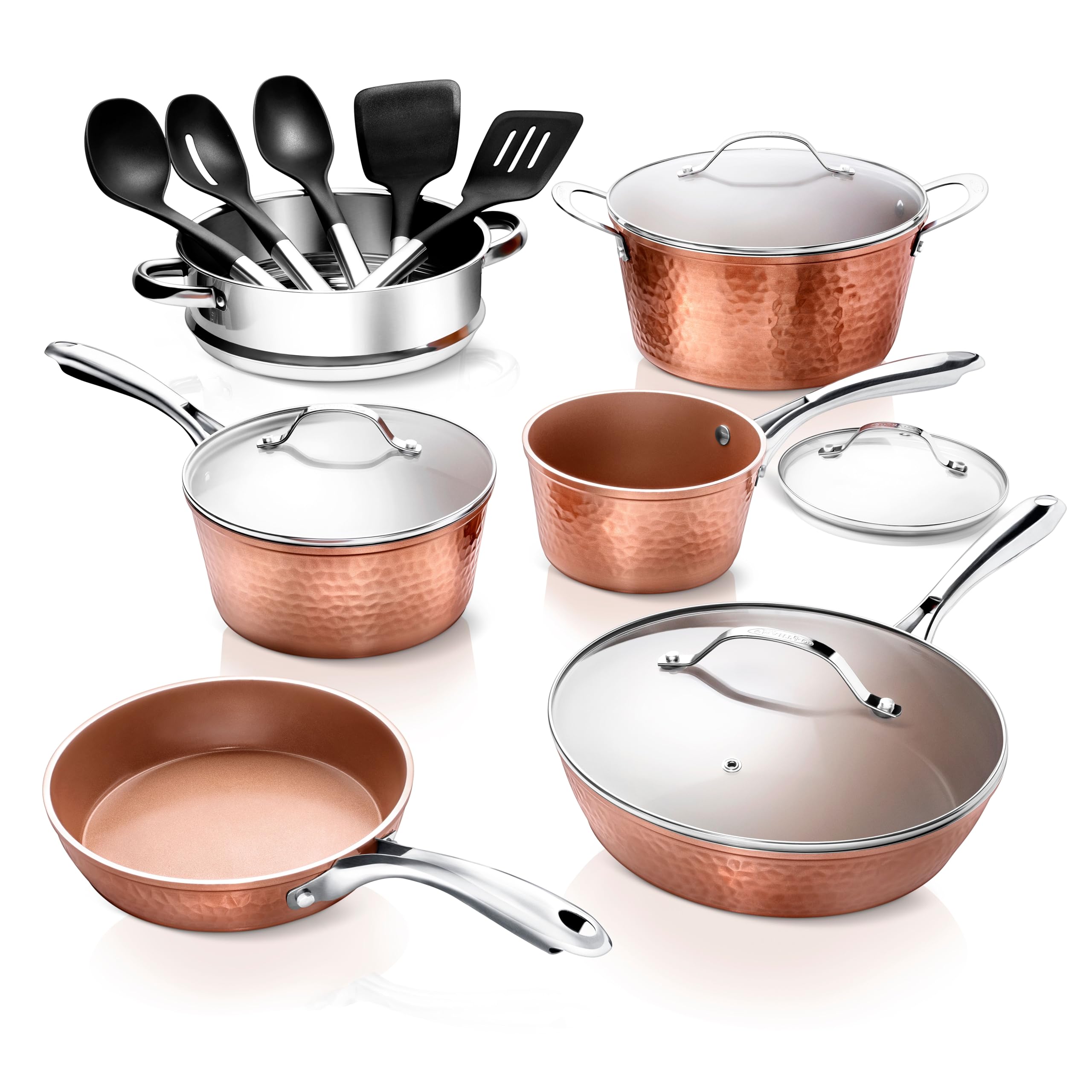 GOTHAM STEEL Hammered 15 Pc Ceramic Cookware Set Nonstick, Copper Pots and Pans Set Non Stick for Kitchen with Utensils, Deep Po