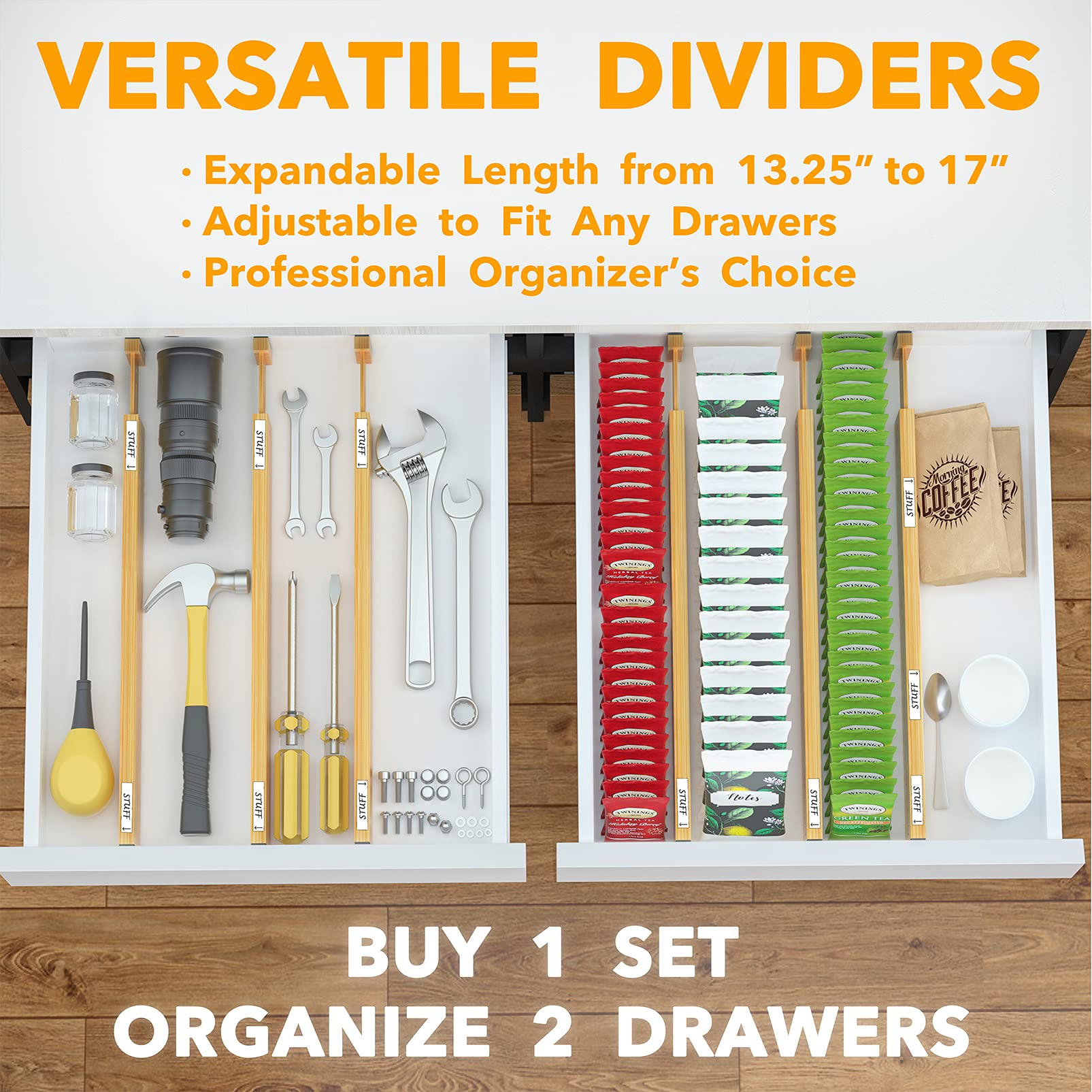 SpaceAid Bamboo Drawer Dividers with Labels, Kitchen Adjustable Drawer Organizers, Expandable Organization for Home, Office, Dre